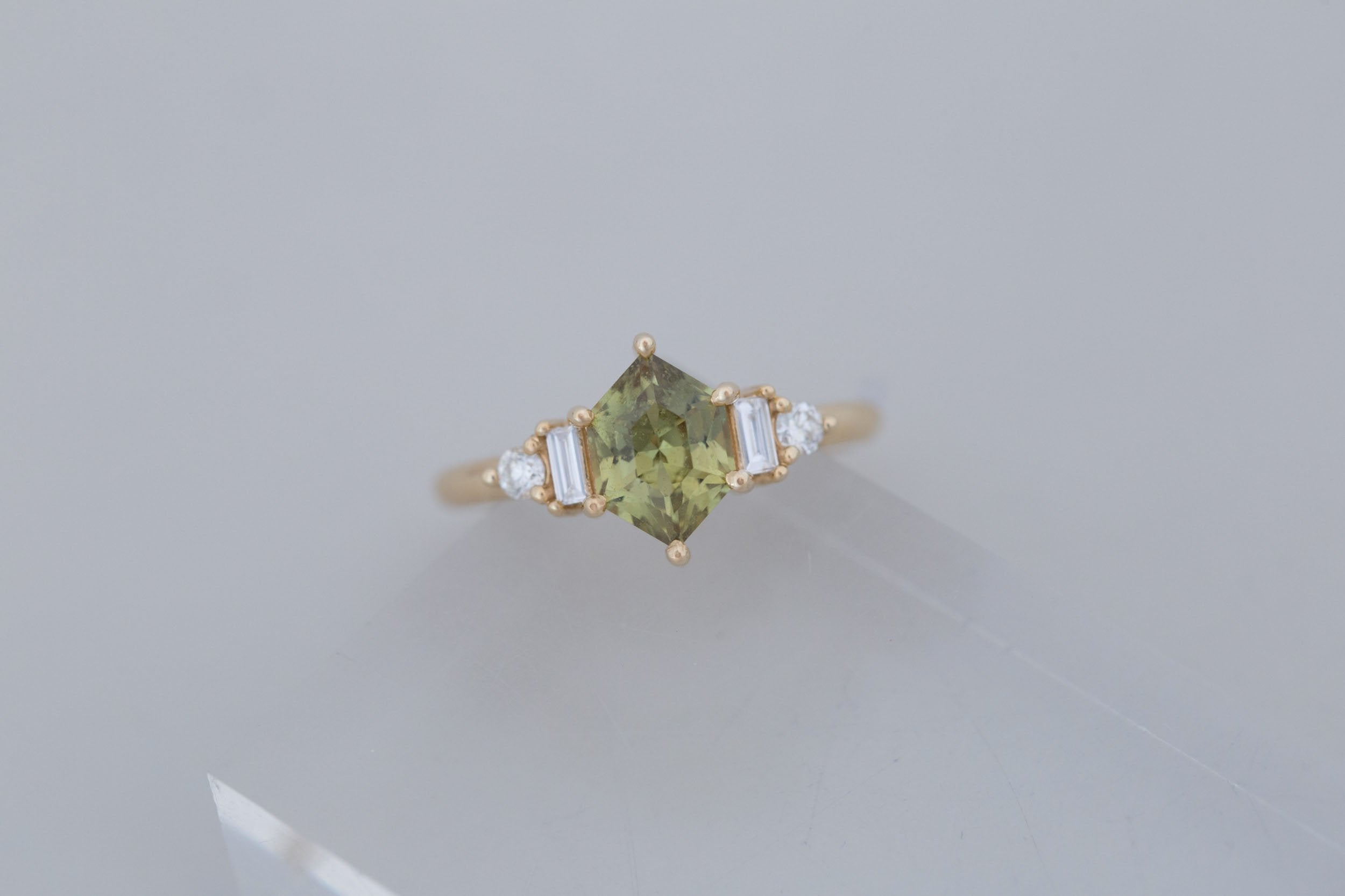 Alsea Ring | Light Olive Green Hexagonal Sapphire + Baguette and Round Diamond Accent Engagement Ring 1.66 ct | 14k Recycled Gold | One of a Kind