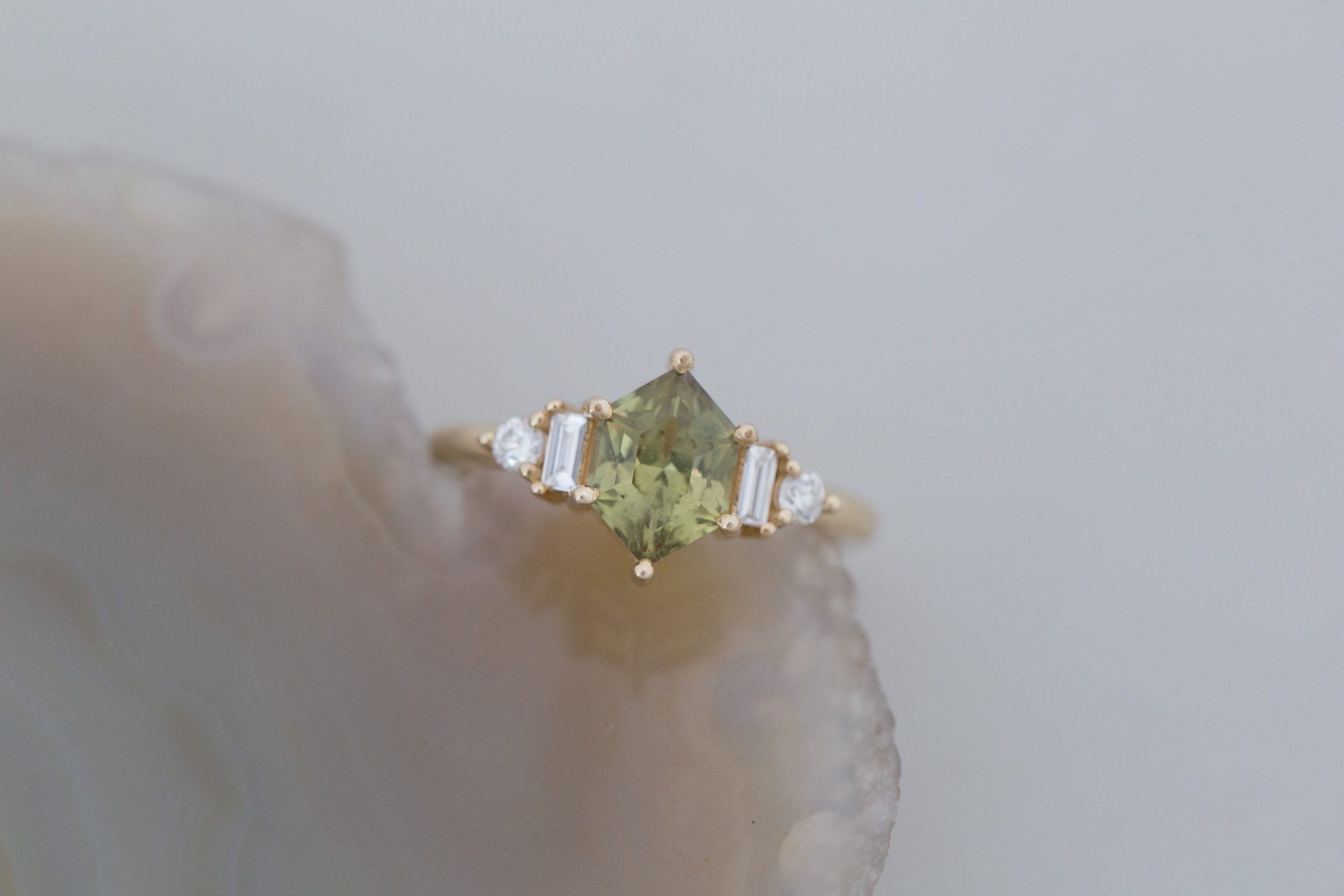 Alsea Ring | Light Olive Green Hexagonal Sapphire + Baguette and Round Diamond Accent Engagement Ring 1.66 ct | 14k Recycled Gold | One of a Kind