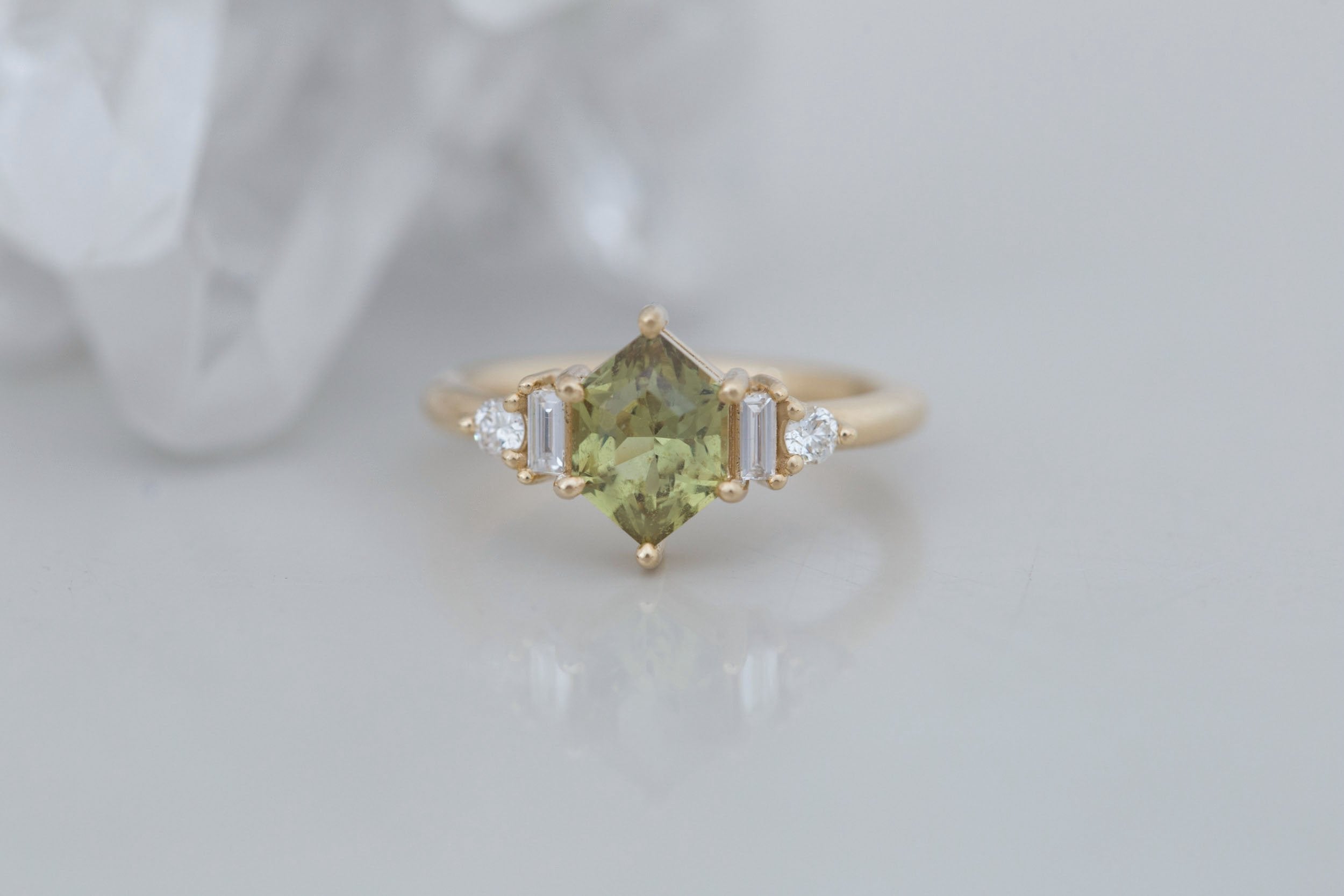 Alsea Ring | Light Olive Green Hexagonal Sapphire + Baguette and Round Diamond Accent Engagement Ring 1.66 ct | 14k Recycled Gold | One of a Kind