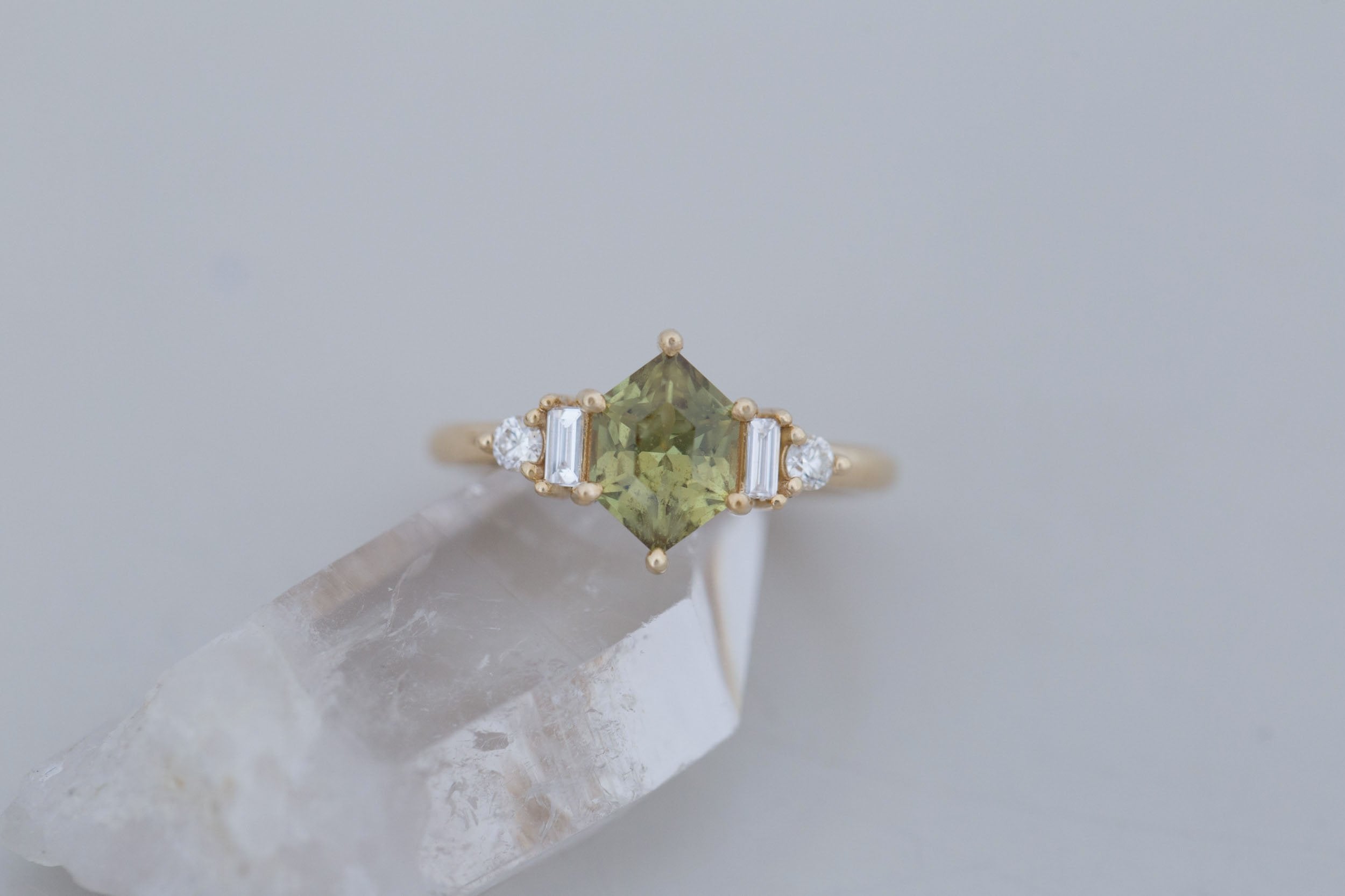 Alsea Ring | Light Olive Green Hexagonal Sapphire + Baguette and Round Diamond Accent Engagement Ring 1.66 ct | 14k Recycled Gold | One of a Kind
