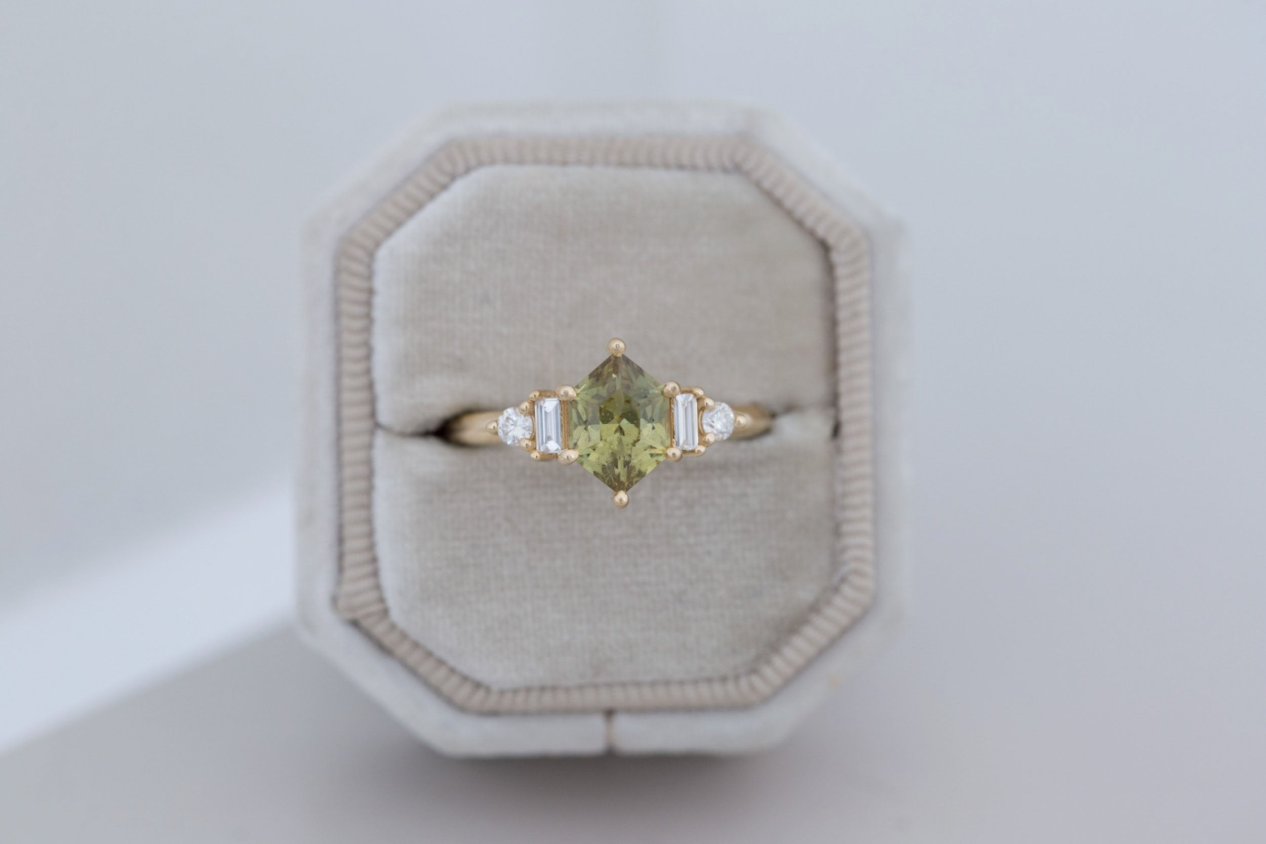 Alsea Ring | Light Olive Green Hexagonal Sapphire + Baguette and Round Diamond Accent Engagement Ring 1.66 ct | 14k Recycled Gold | One of a Kind