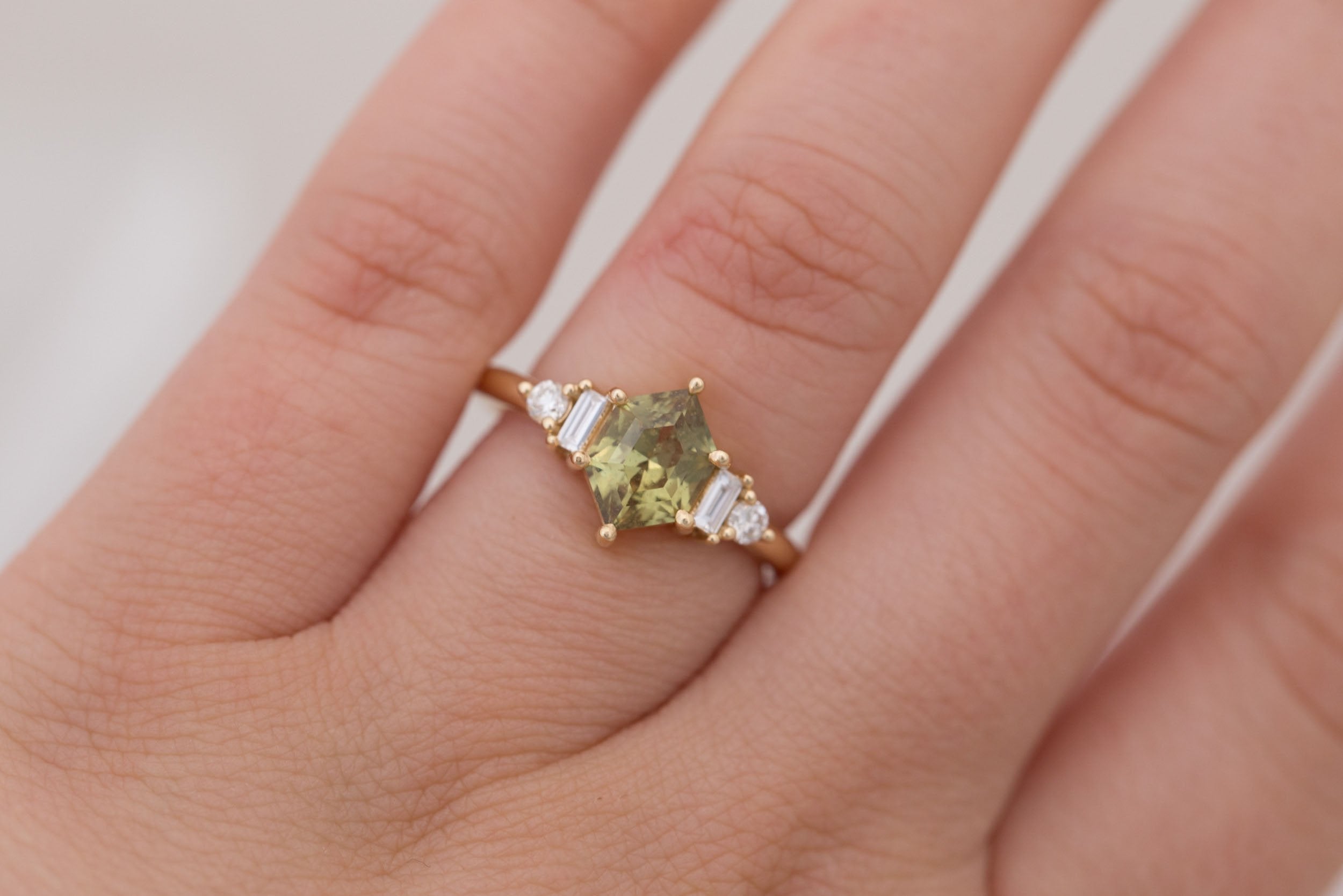 Alsea Ring | Light Olive Green Hexagonal Sapphire + Baguette and Round Diamond Accent Engagement Ring 1.66 ct | 14k Recycled Gold | One of a Kind