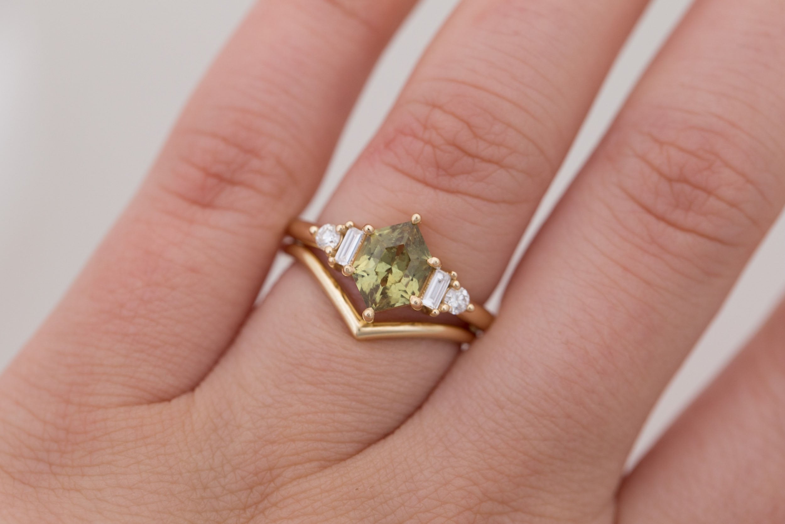 Alsea Ring | Light Olive Green Hexagonal Sapphire + Baguette and Round Diamond Accent Engagement Ring 1.66 ct | 14k Recycled Gold | One of a Kind