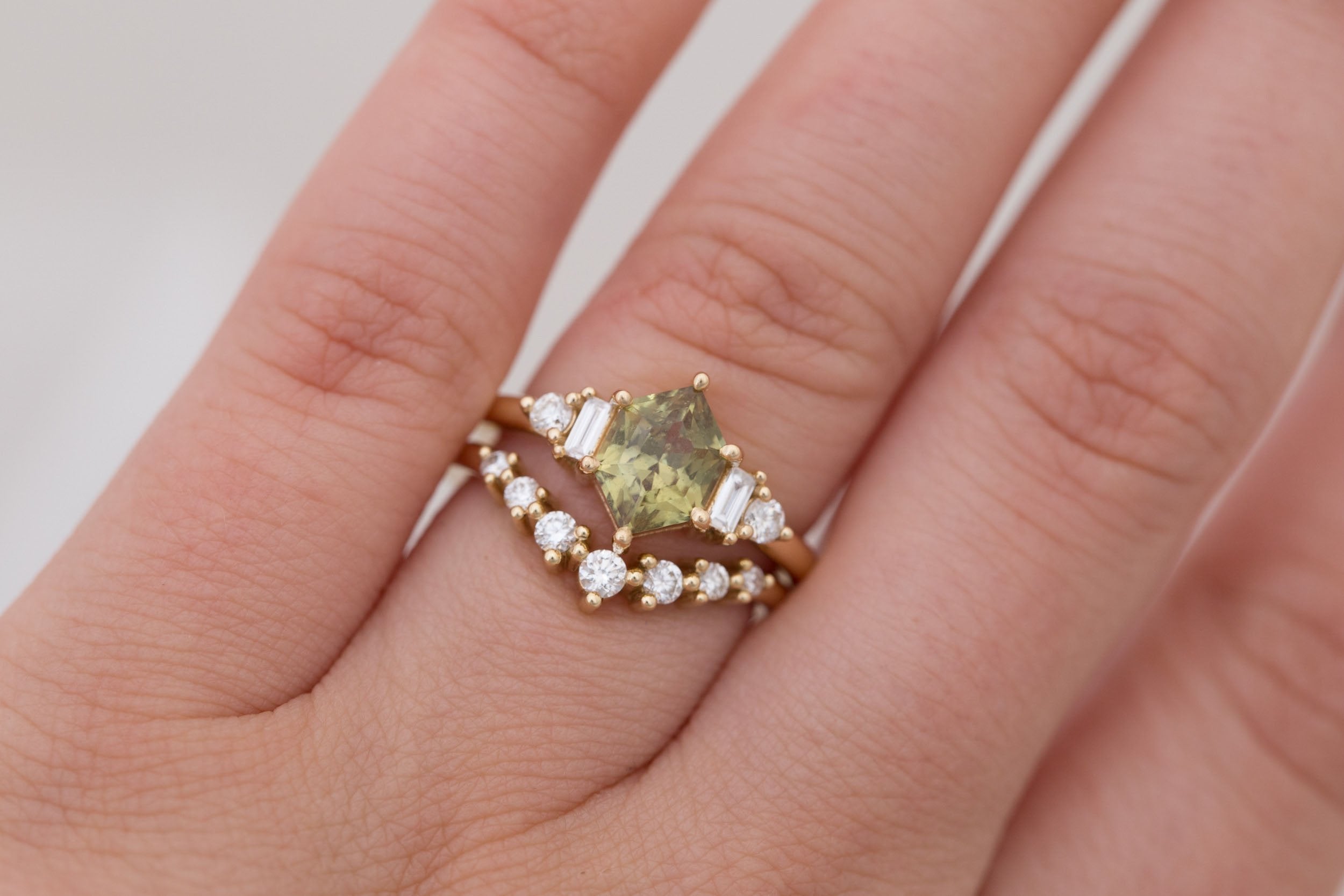 Alsea Ring | Light Olive Green Hexagonal Sapphire + Baguette and Round Diamond Accent Engagement Ring 1.66 ct | 14k Recycled Gold | One of a Kind