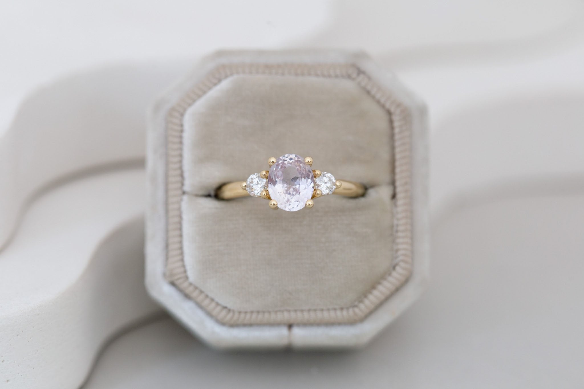Maeve Ring | Lavender Oval Sapphire + Round Diamond Accent Engagement Ring 1.66 ct | 14k Recycled Gold | One of a Kind