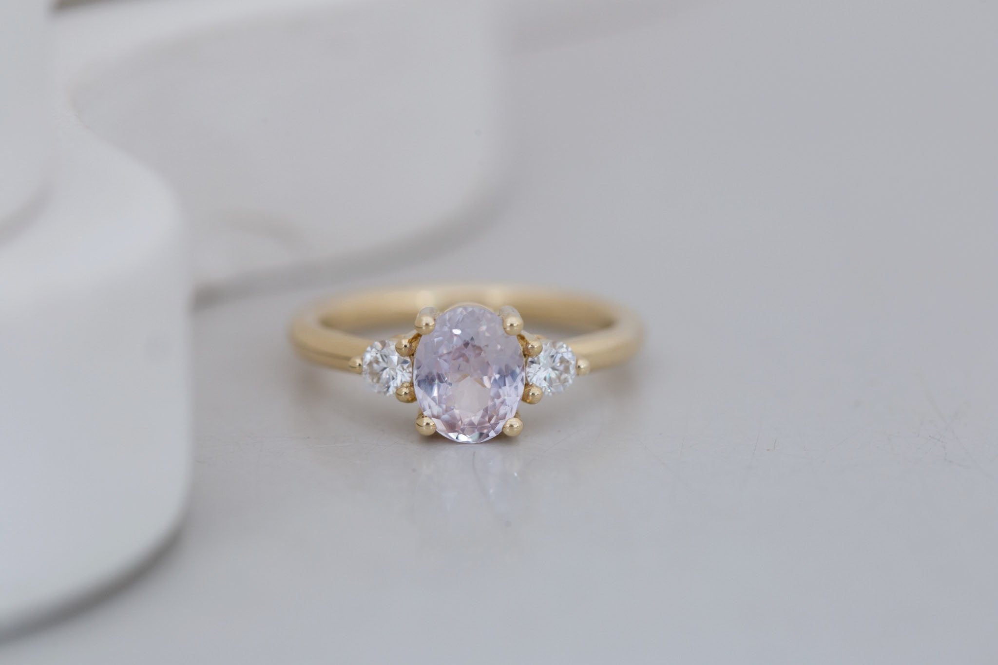 Maeve Ring | Lavender Oval Sapphire + Round Diamond Accent Engagement Ring 1.66 ct | 14k Recycled Gold | One of a Kind