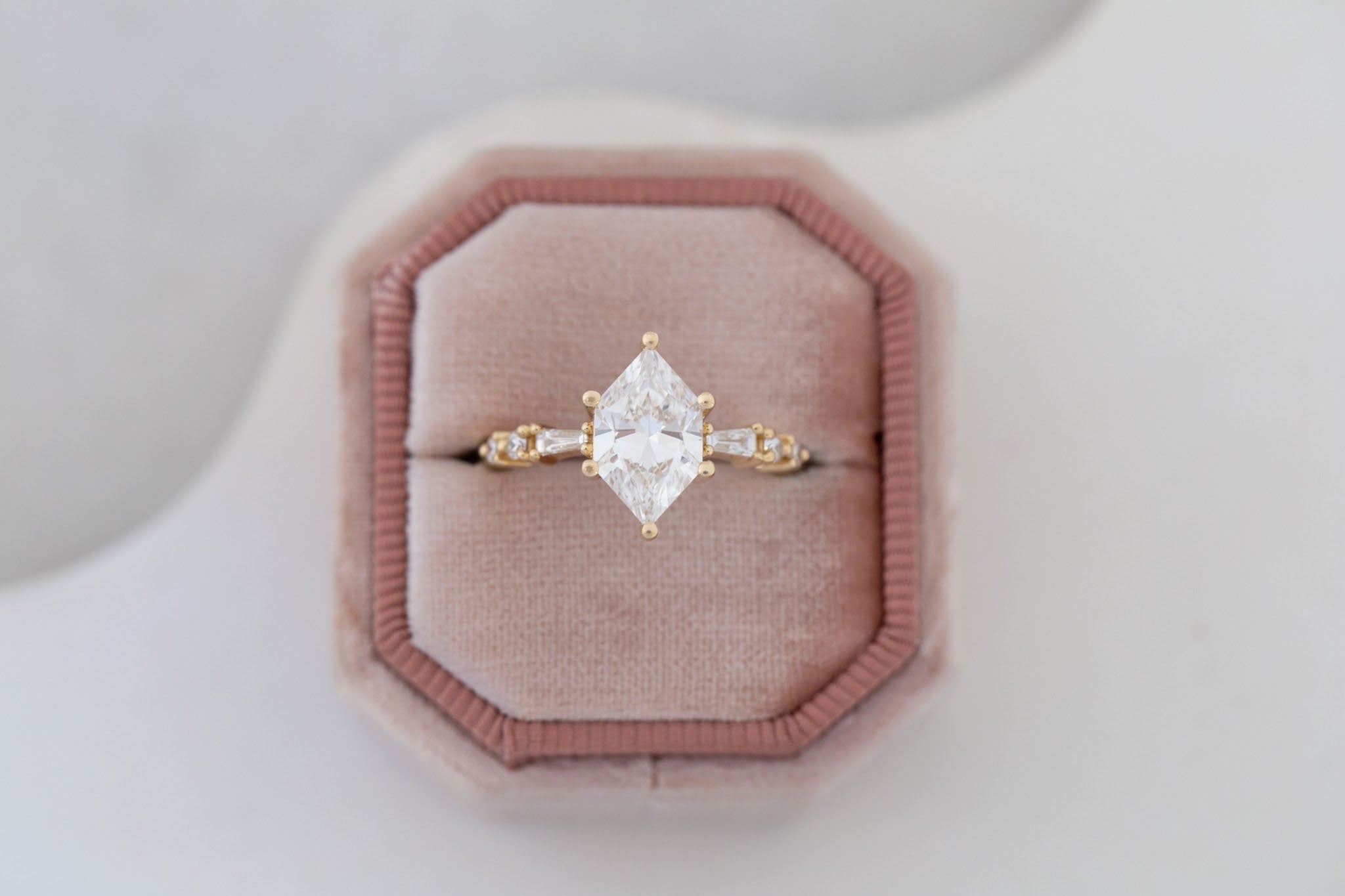 Liesel Ring | Lab Duchess Cut Diamond + Lab Diamond Baguette Accent Engagement Ring 1.66 ct | 14k Recycled Gold | One of a Kind