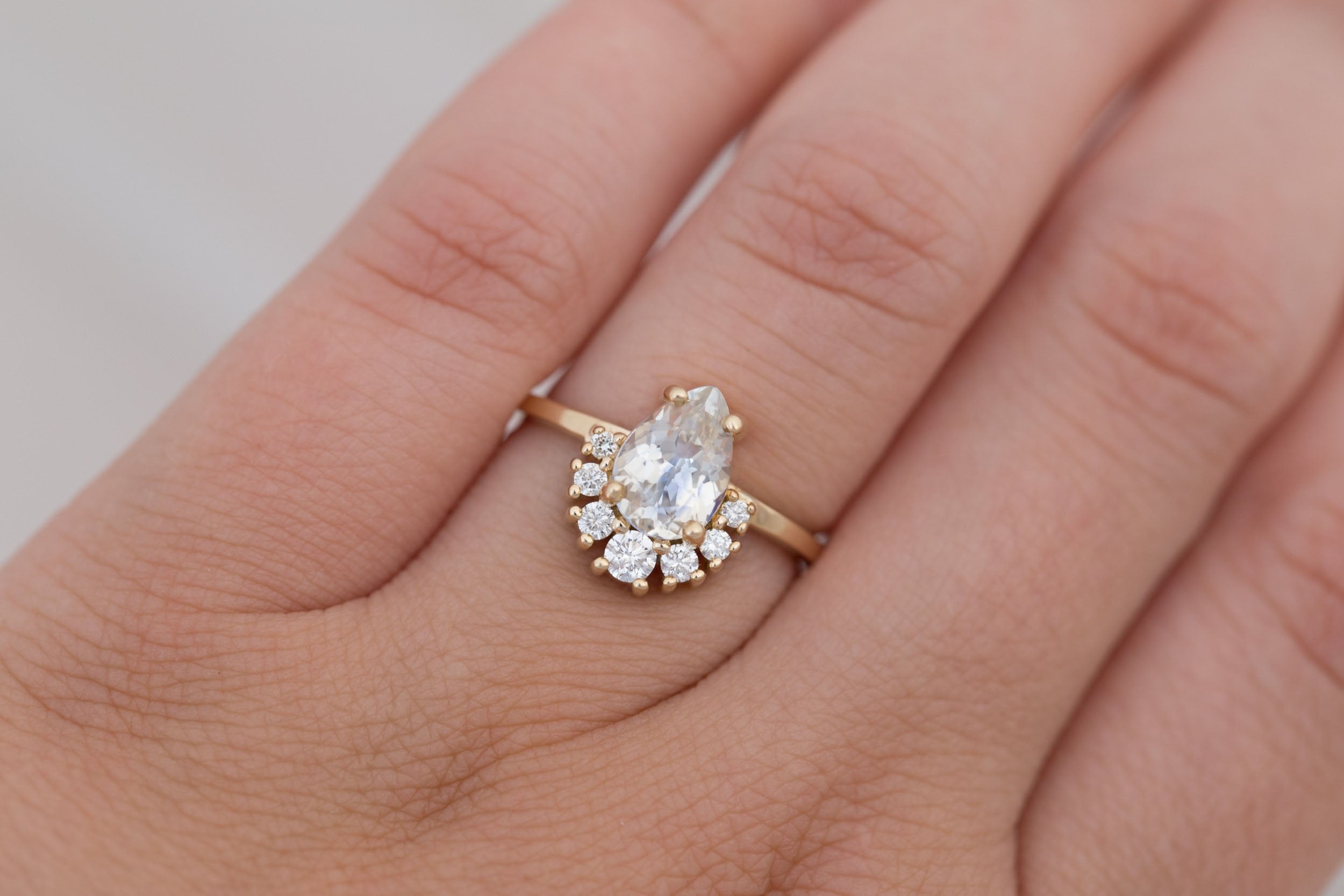 Laurel Ring | Bicolor Pear Cut Sapphire + Diamond Cluster Engagement Ring 1.67 ct | 14k Recycled Gold