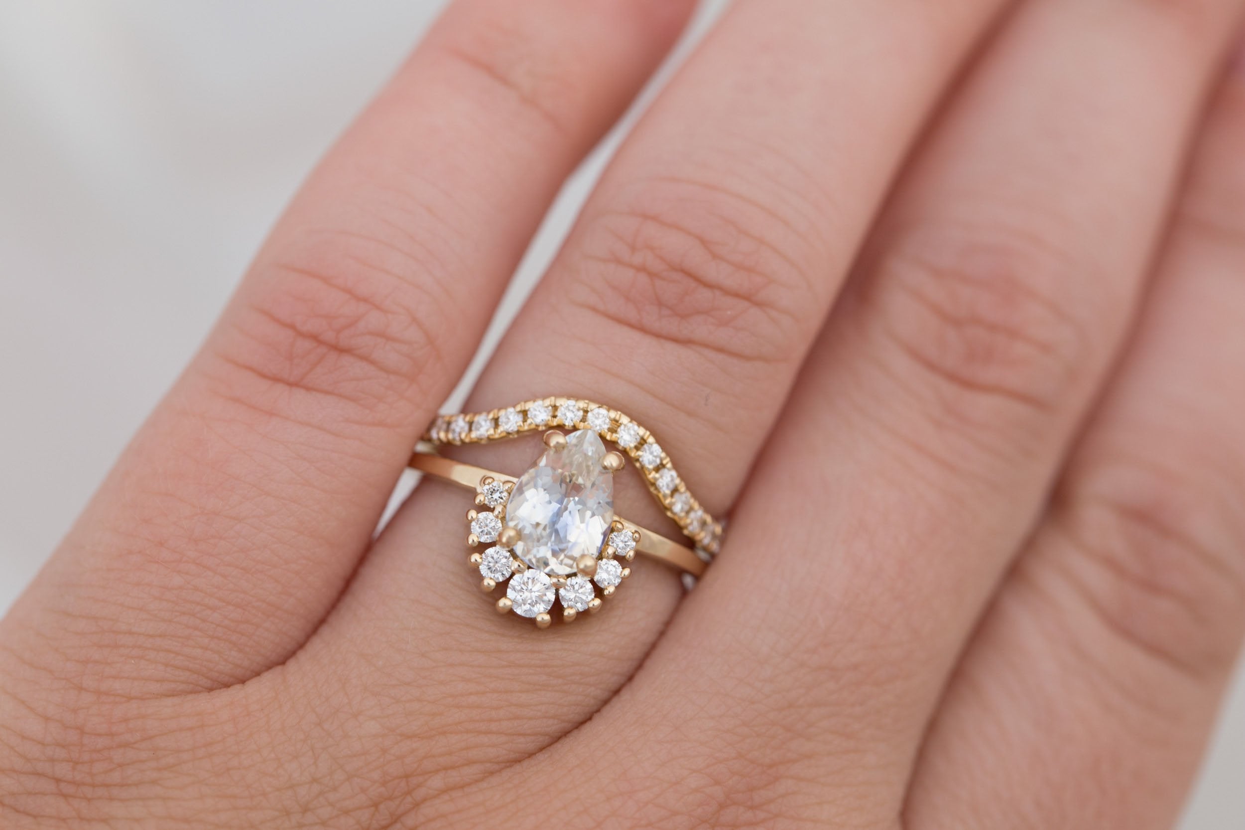 Laurel Ring | Bicolor Pear Cut Sapphire + Diamond Cluster Engagement Ring 1.67 ct | 14k Recycled Gold