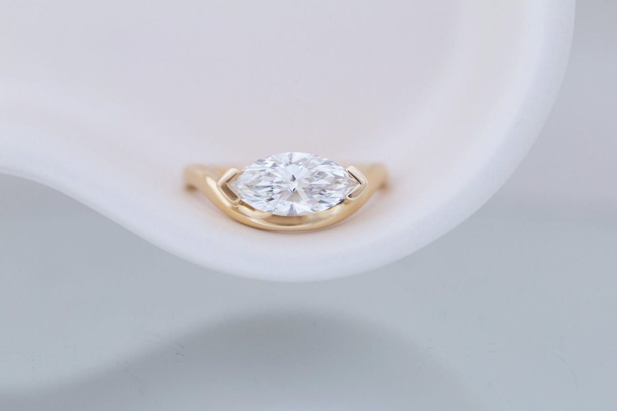 Rhodes Ring | Lab Marquise Diamond Solitaire + Curved Band Engagement Ring 1.67 ct | 14k Recycled Gold | One of a Kind