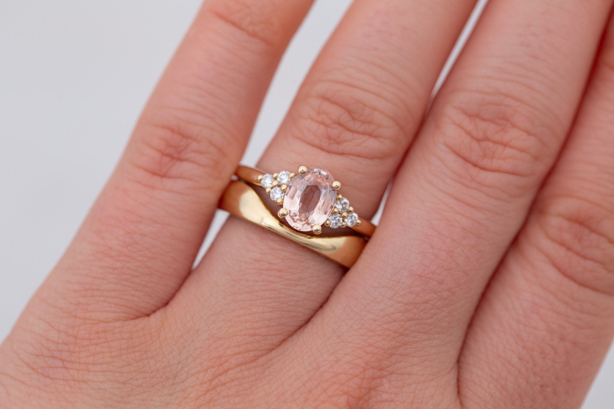 Verona Ring | Peach Oval Sapphire + Round Diamond Accents Engagement Ring 1.68 ct | 14k Recycled Gold | One of a Kind