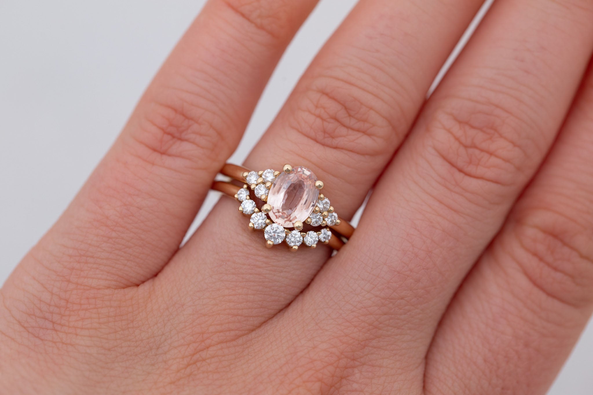 Verona Ring | Peach Oval Sapphire + Round Diamond Accents Engagement Ring 1.68 ct | 14k Recycled Gold | One of a Kind