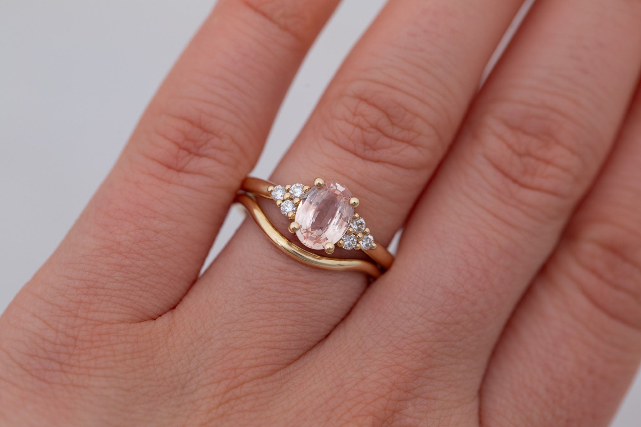 Verona Ring | Peach Oval Sapphire + Round Diamond Accents Engagement Ring 1.68 ct | 14k Recycled Gold | One of a Kind