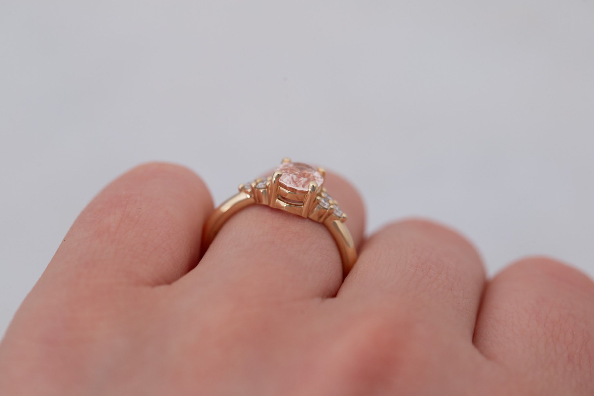 Verona Ring | Peach Oval Sapphire + Round Diamond Accents Engagement Ring 1.68 ct | 14k Recycled Gold | One of a Kind