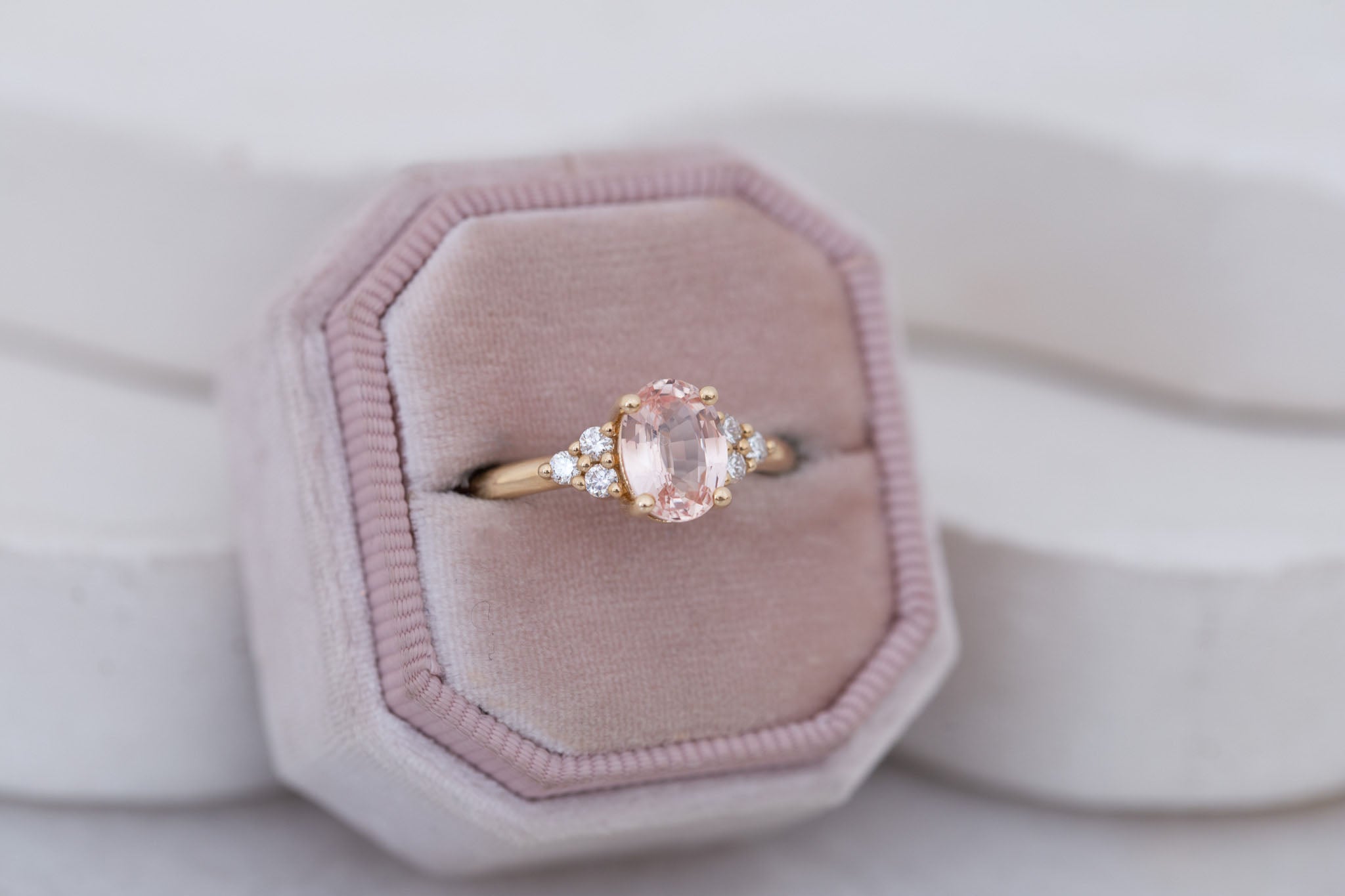 Verona Ring | Peach Oval Sapphire + Round Diamond Accents Engagement Ring 1.68 ct | 14k Recycled Gold | One of a Kind