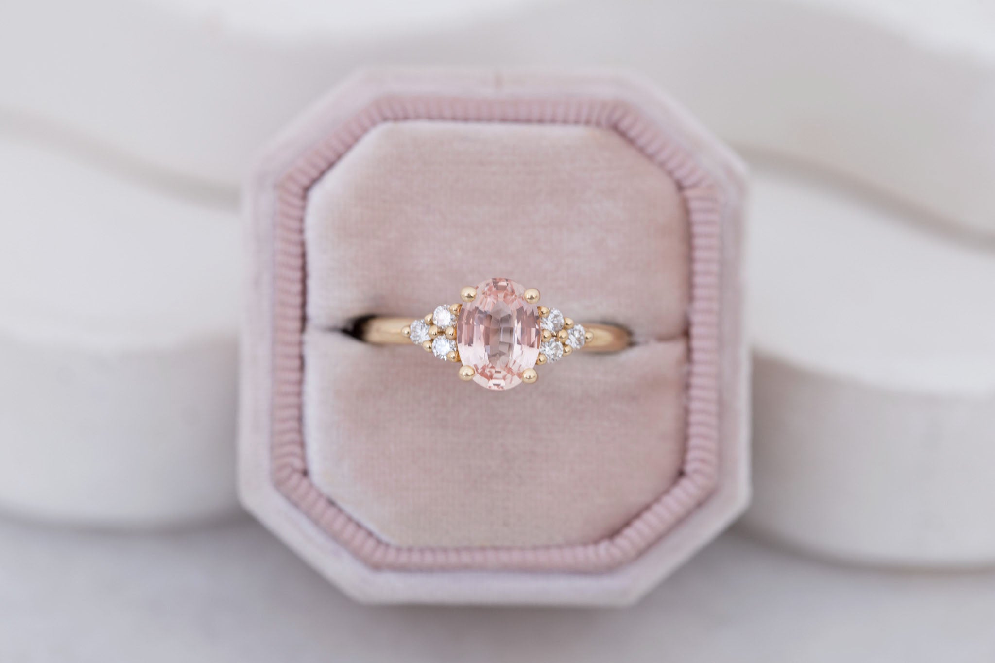 Verona Ring | Peach Oval Sapphire + Round Diamond Accents Engagement Ring 1.68 ct | 14k Recycled Gold | One of a Kind