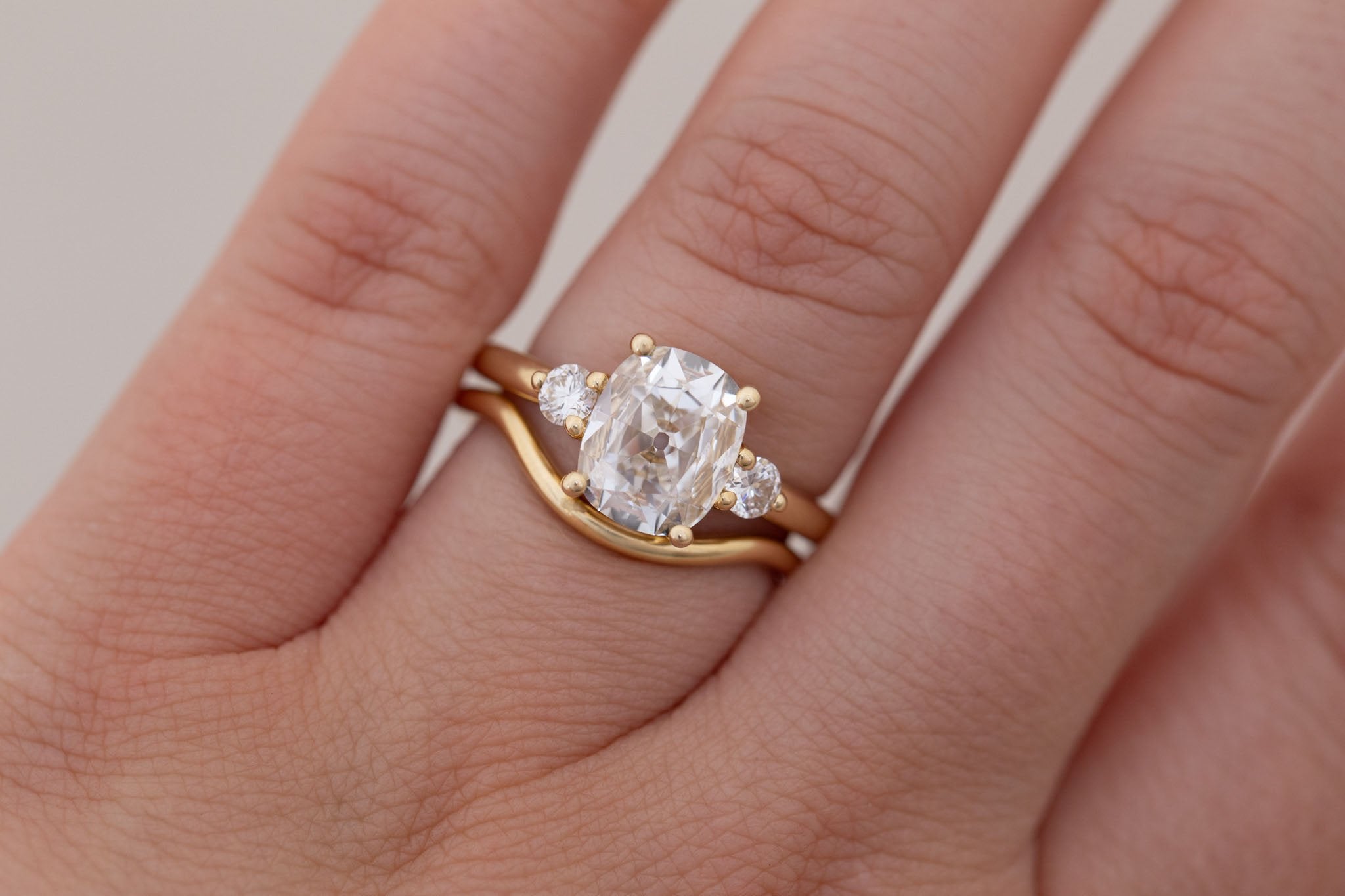 Maeve Ring | Lab Antique Cushion Cut Diamond + Round Lab Diamond Accent Engagement Ring 1.70 ct | 14k Recycled Gold | One of a Kind