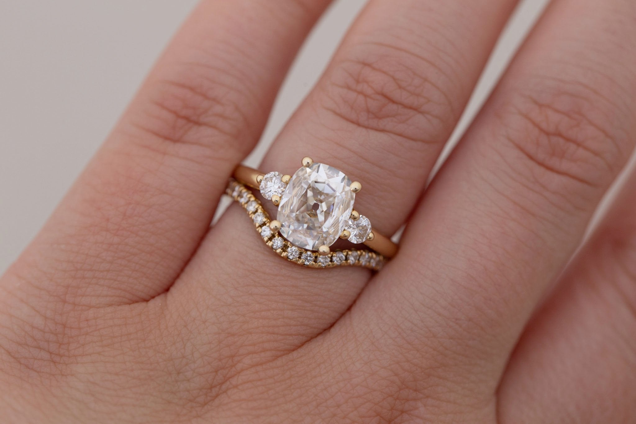 Maeve Ring | Lab Antique Cushion Cut Diamond + Round Lab Diamond Accent Engagement Ring 1.70 ct | 14k Recycled Gold | One of a Kind