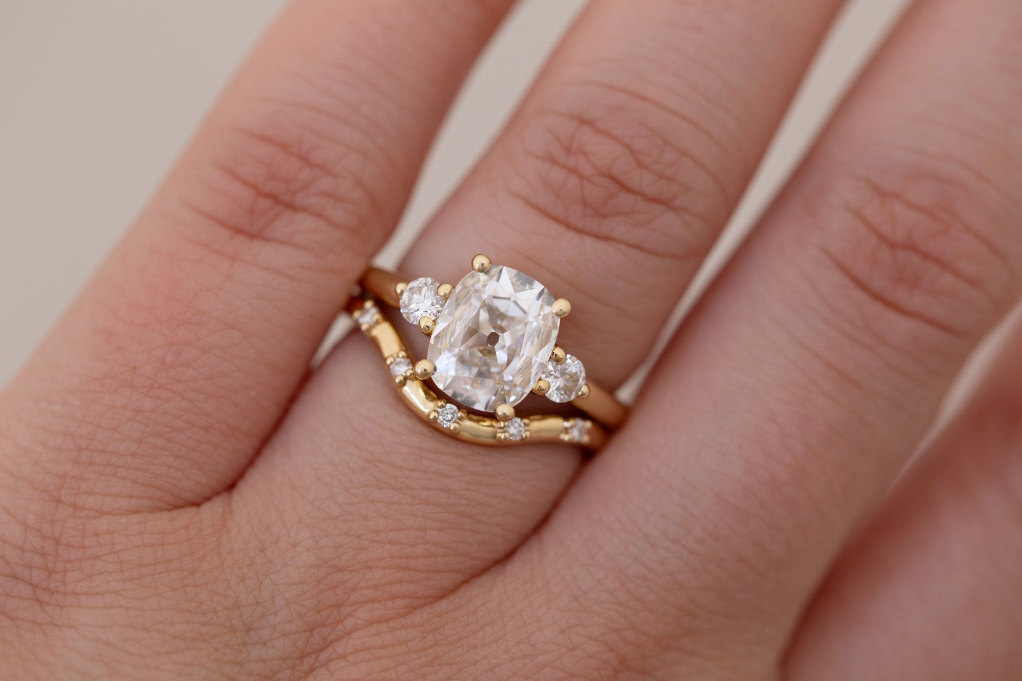 Maeve Ring | Lab Antique Cushion Cut Diamond + Round Lab Diamond Accent Engagement Ring 1.70 ct | 14k Recycled Gold | One of a Kind