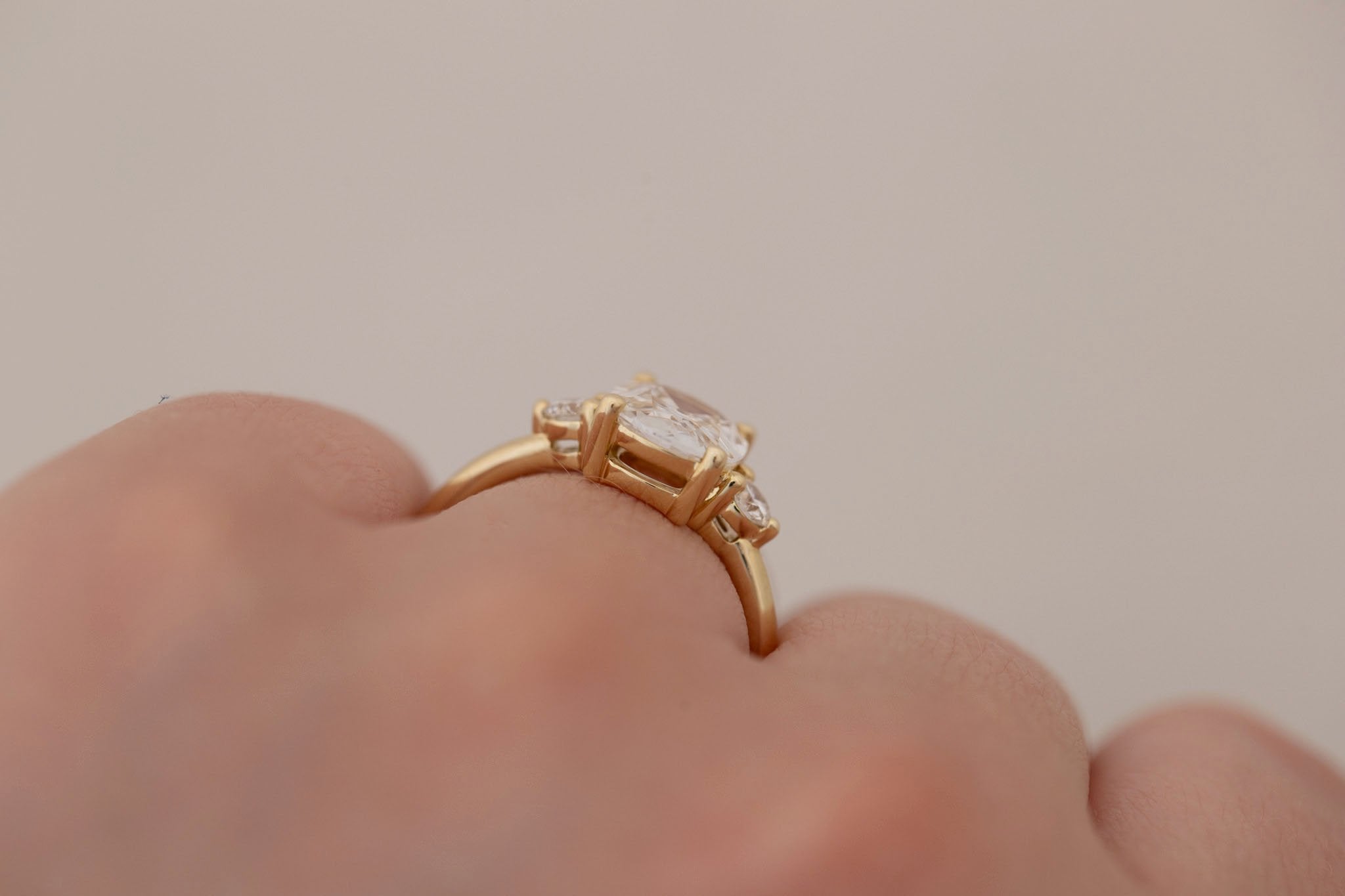 Maeve Ring | Lab Antique Cushion Cut Diamond + Round Lab Diamond Accent Engagement Ring 1.70 ct | 14k Recycled Gold | One of a Kind