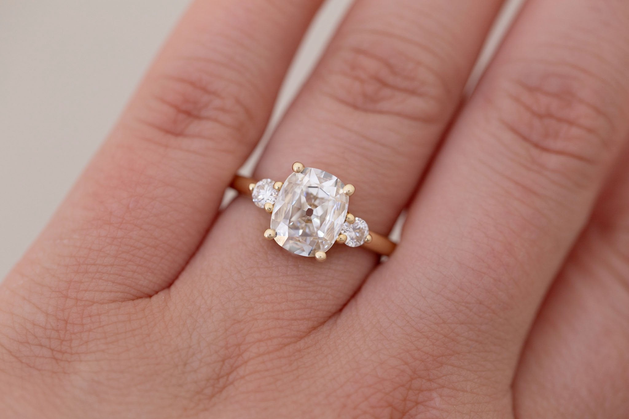 Maeve Ring | Lab Antique Cushion Cut Diamond + Round Lab Diamond Accent Engagement Ring 1.70 ct | 14k Recycled Gold | One of a Kind