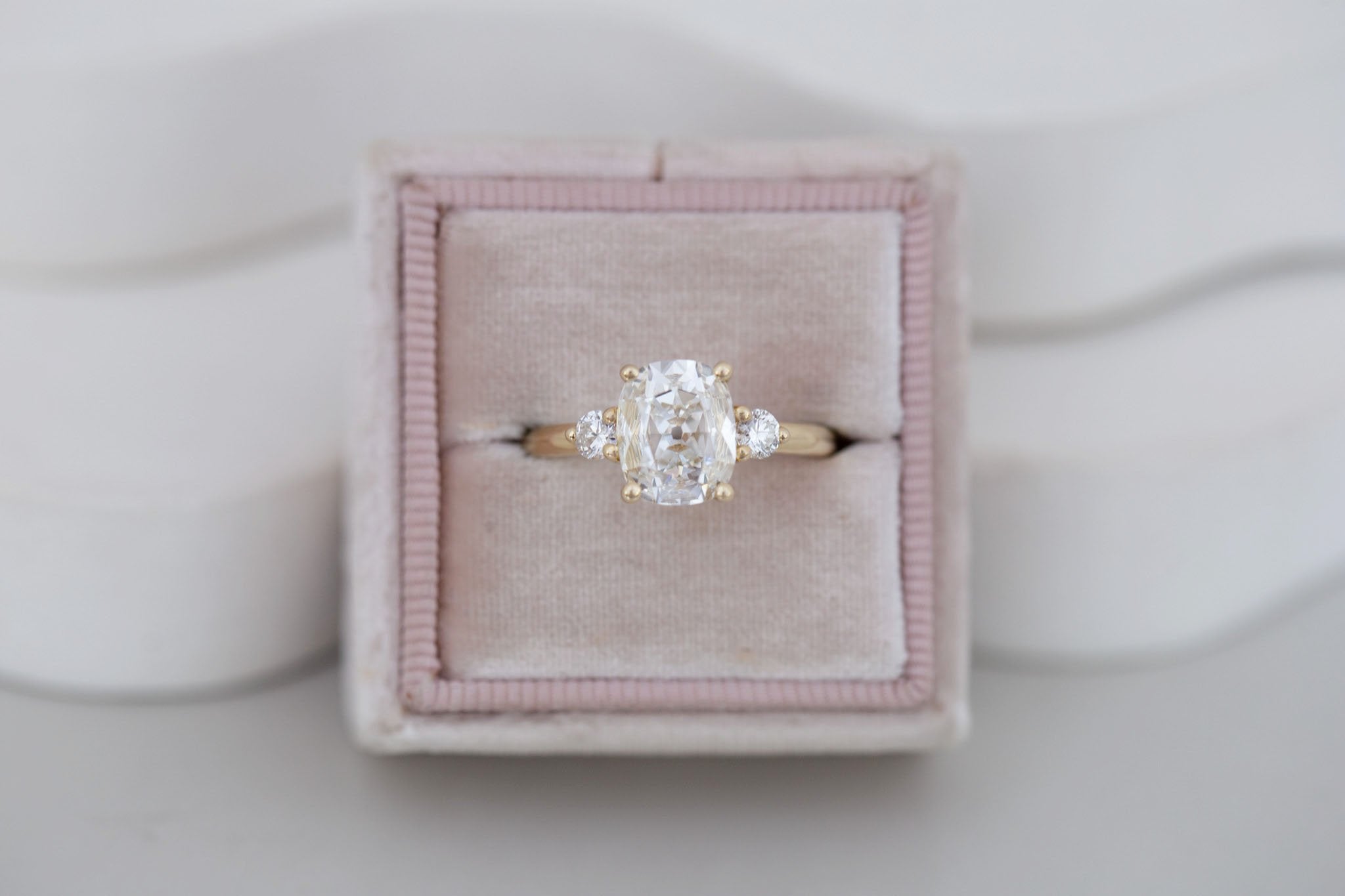 Maeve Ring | Lab Antique Cushion Cut Diamond + Round Lab Diamond Accent Engagement Ring 1.70 ct | 14k Recycled Gold | One of a Kind