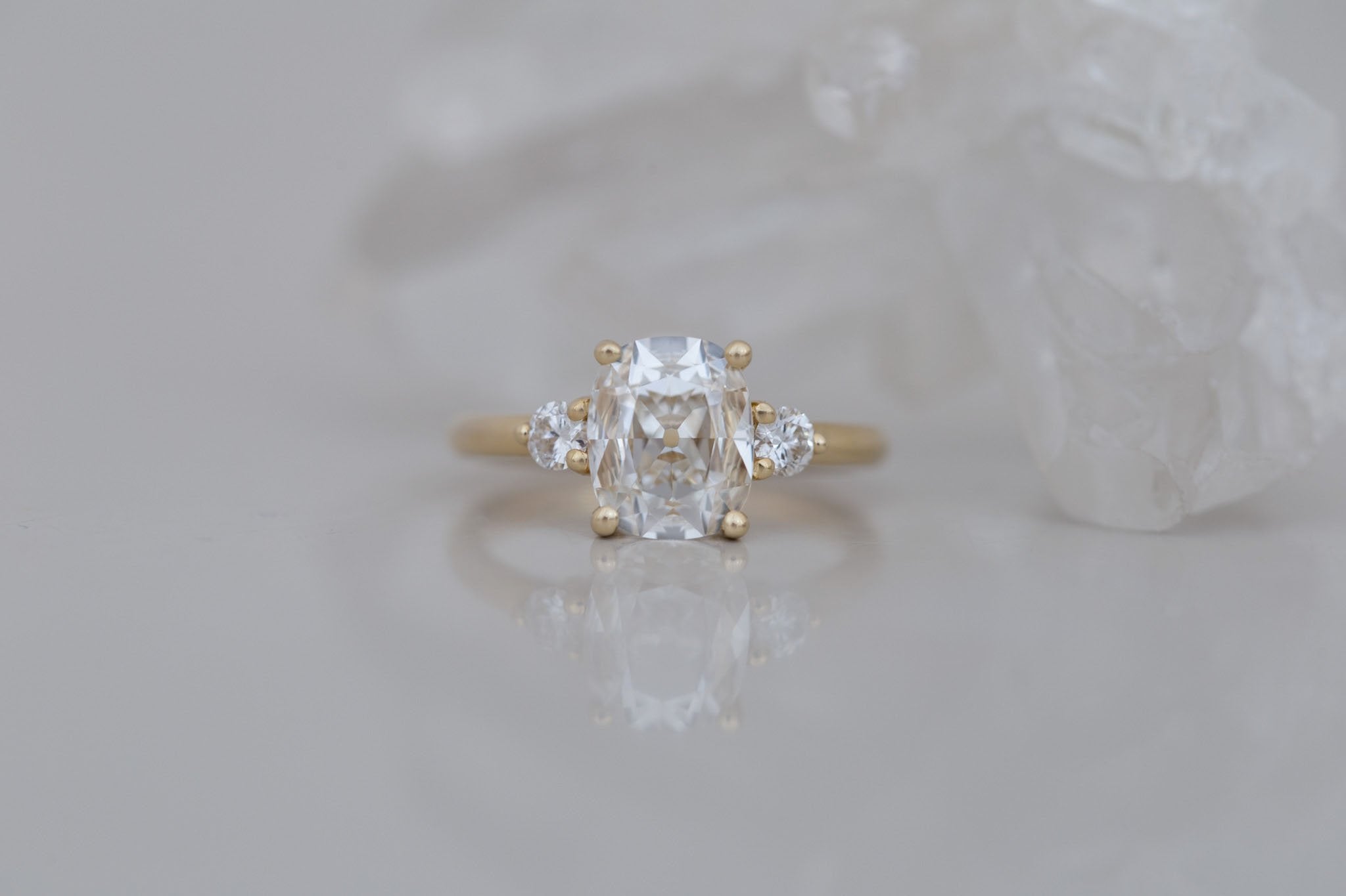 Maeve Ring | Lab Antique Cushion Cut Diamond + Round Lab Diamond Accent Engagement Ring 1.70 ct | 14k Recycled Gold | One of a Kind