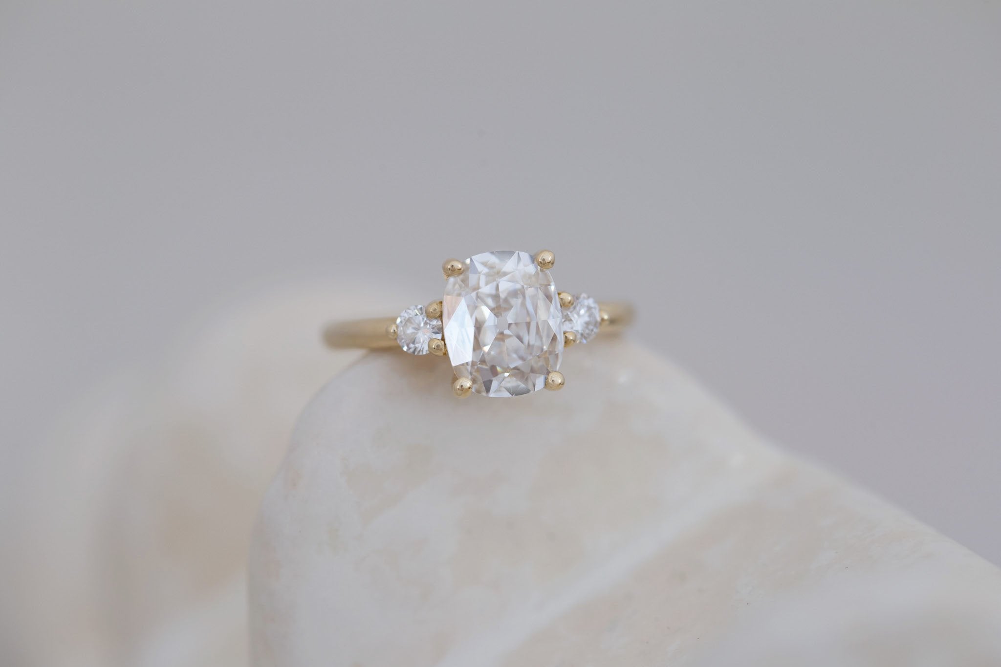 Maeve Ring | Lab Antique Cushion Cut Diamond + Round Lab Diamond Accent Engagement Ring 1.70 ct | 14k Recycled Gold | One of a Kind