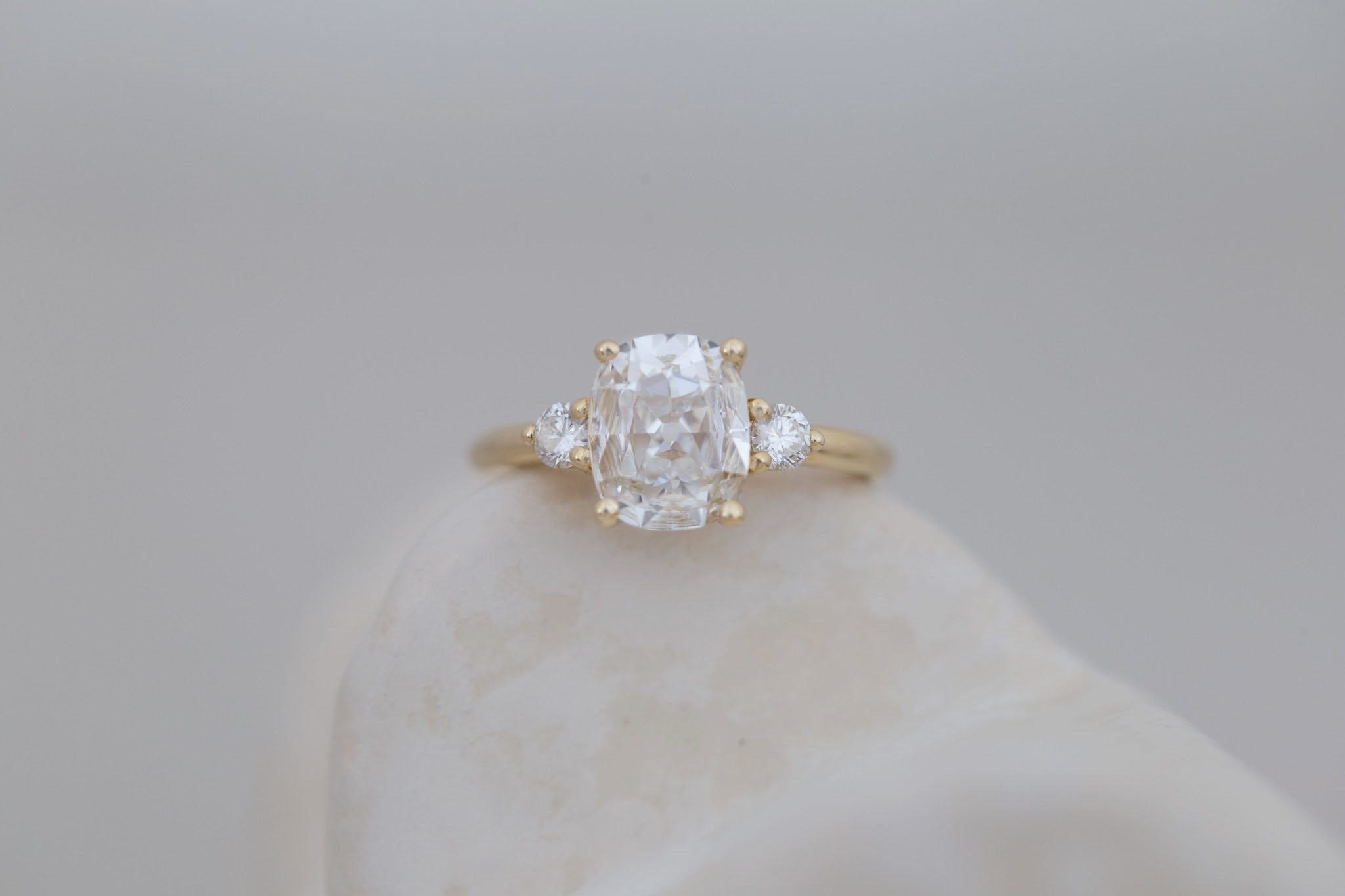 Maeve Ring | Lab Antique Cushion Cut Diamond + Round Lab Diamond Accent Engagement Ring 1.70 ct | 14k Recycled Gold | One of a Kind