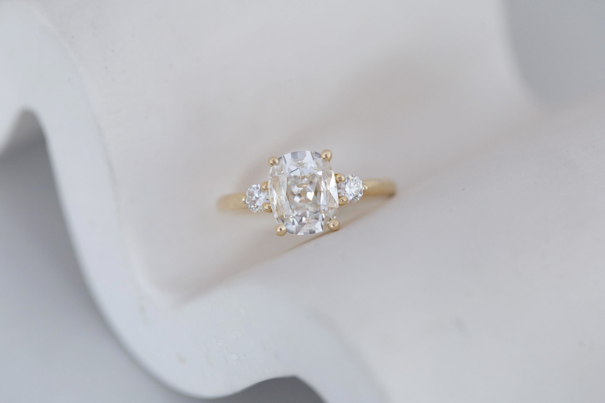 Maeve Ring | Lab Antique Cushion Cut Diamond + Round Lab Diamond Accent Engagement Ring 1.70 ct | 14k Recycled Gold | One of a Kind