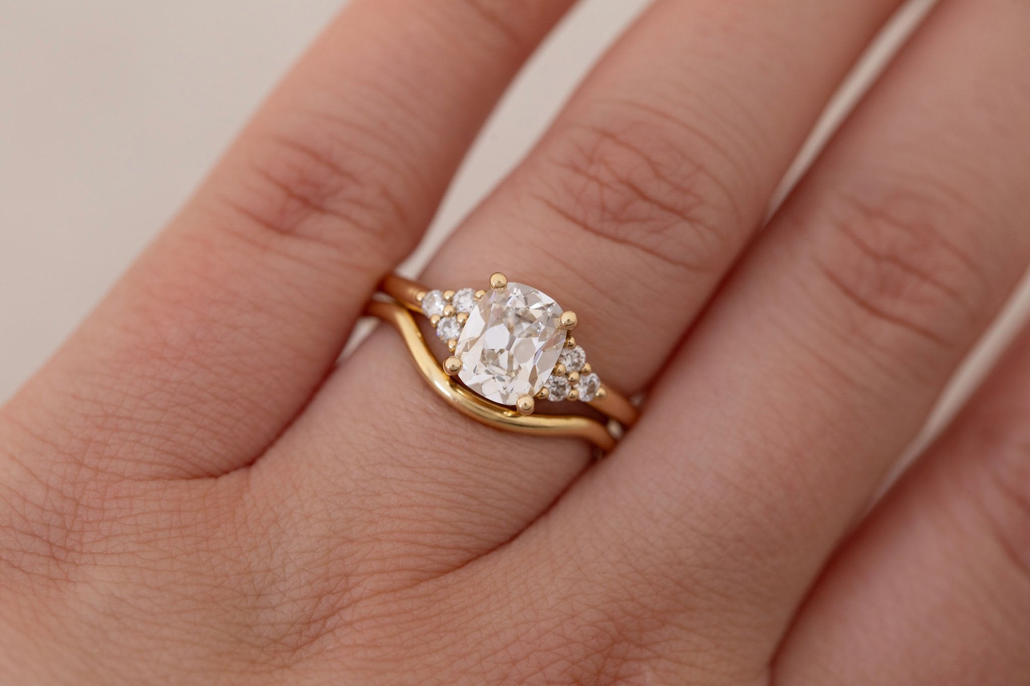 Verona Ring | Lab Antique Cushion Cut Diamond + Round Diamond Accents Engagement Ring 1.71 ct | 14k Recycled Gold | One of a Kind