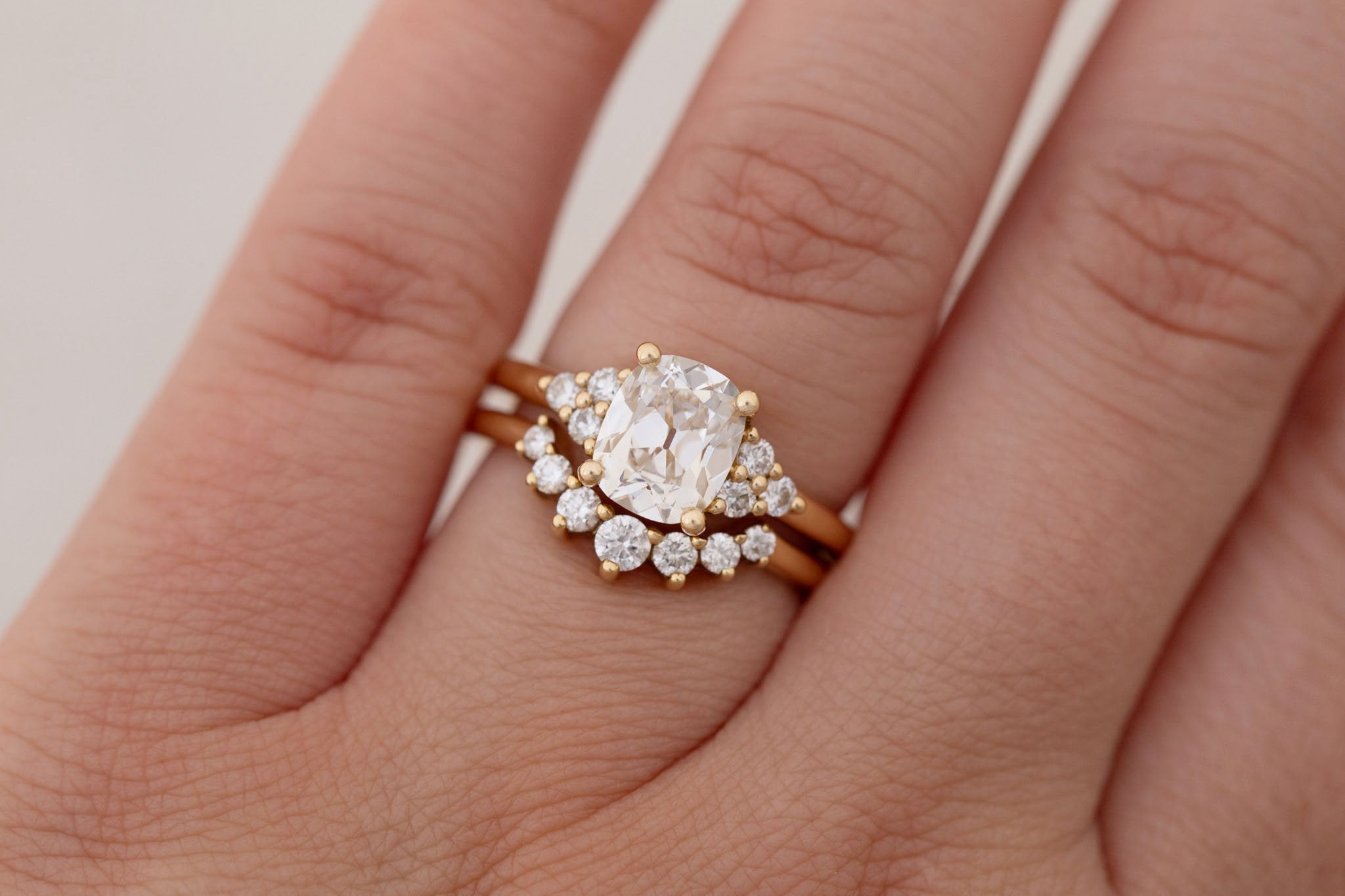 Verona Ring | Lab Antique Cushion Cut Diamond + Round Diamond Accents Engagement Ring 1.71 ct | 14k Recycled Gold | One of a Kind