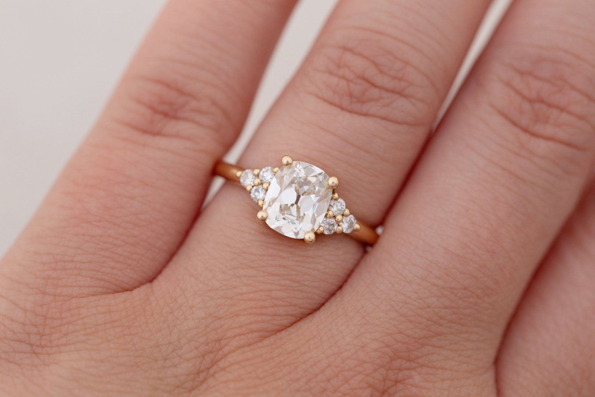 Verona Ring | Lab Antique Cushion Cut Diamond + Round Diamond Accents Engagement Ring 1.71 ct | 14k Recycled Gold | One of a Kind