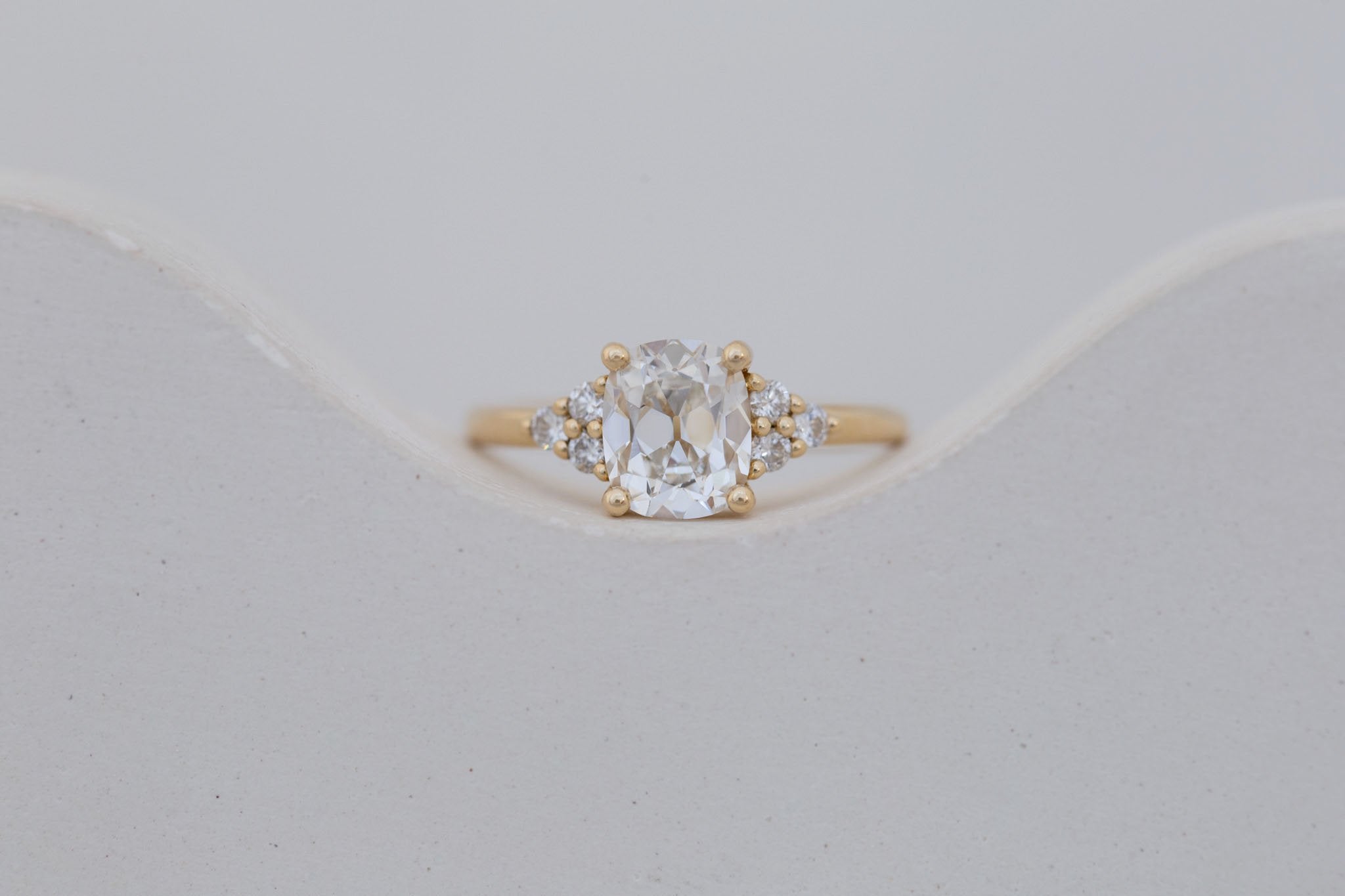 Verona Ring | Lab Antique Cushion Cut Diamond + Round Diamond Accents Engagement Ring 1.71 ct | 14k Recycled Gold | One of a Kind