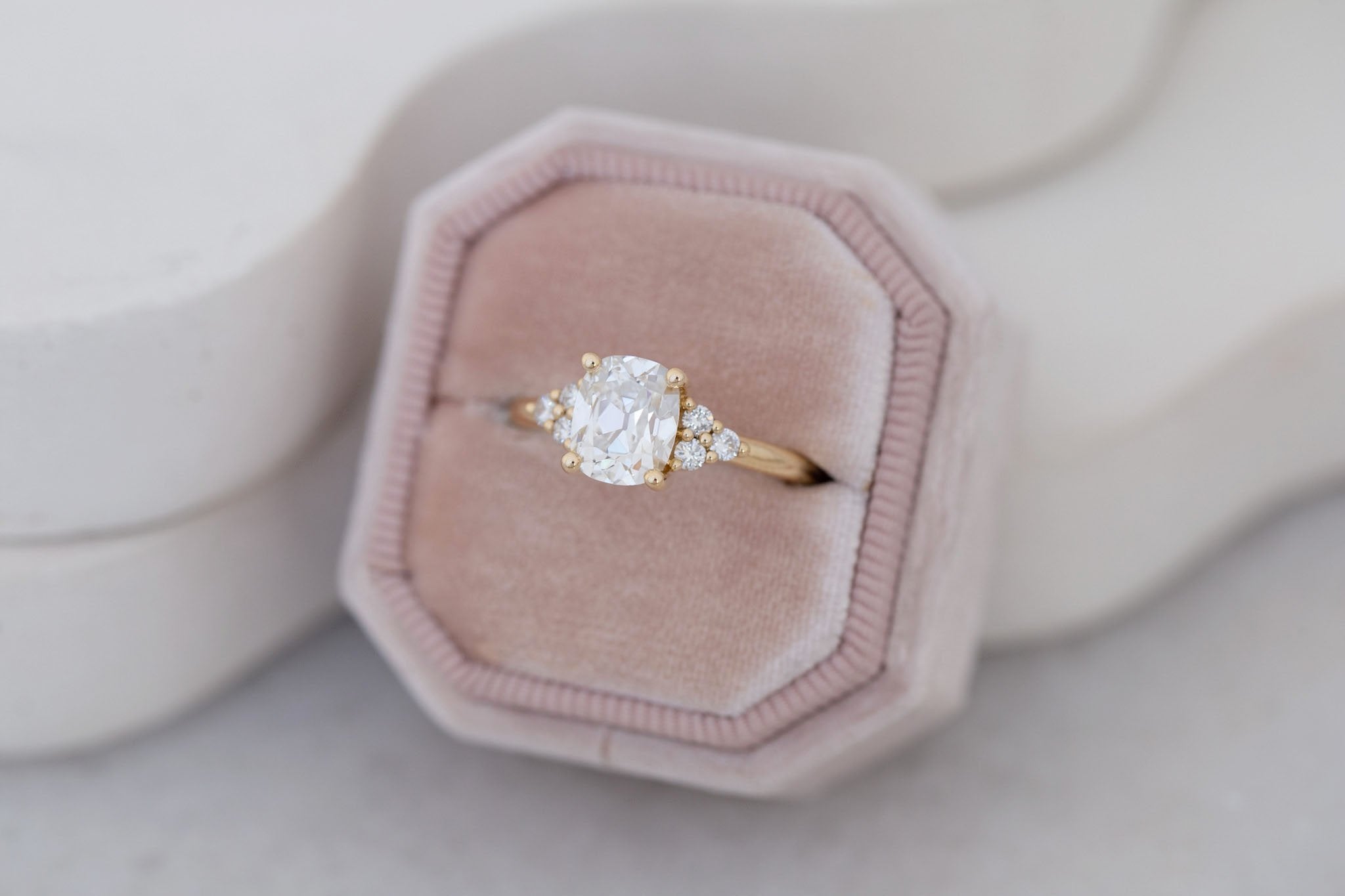 Verona Ring | Lab Antique Cushion Cut Diamond + Round Diamond Accents Engagement Ring 1.71 ct | 14k Recycled Gold | One of a Kind
