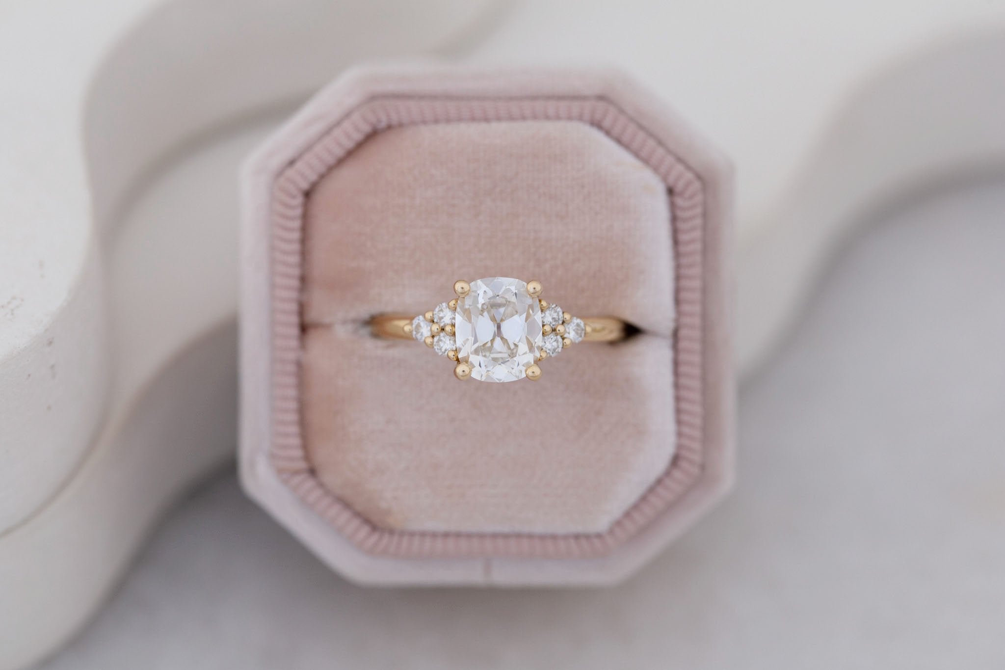 Verona Ring | Lab Antique Cushion Cut Diamond + Round Diamond Accents Engagement Ring 1.71 ct | 14k Recycled Gold | One of a Kind