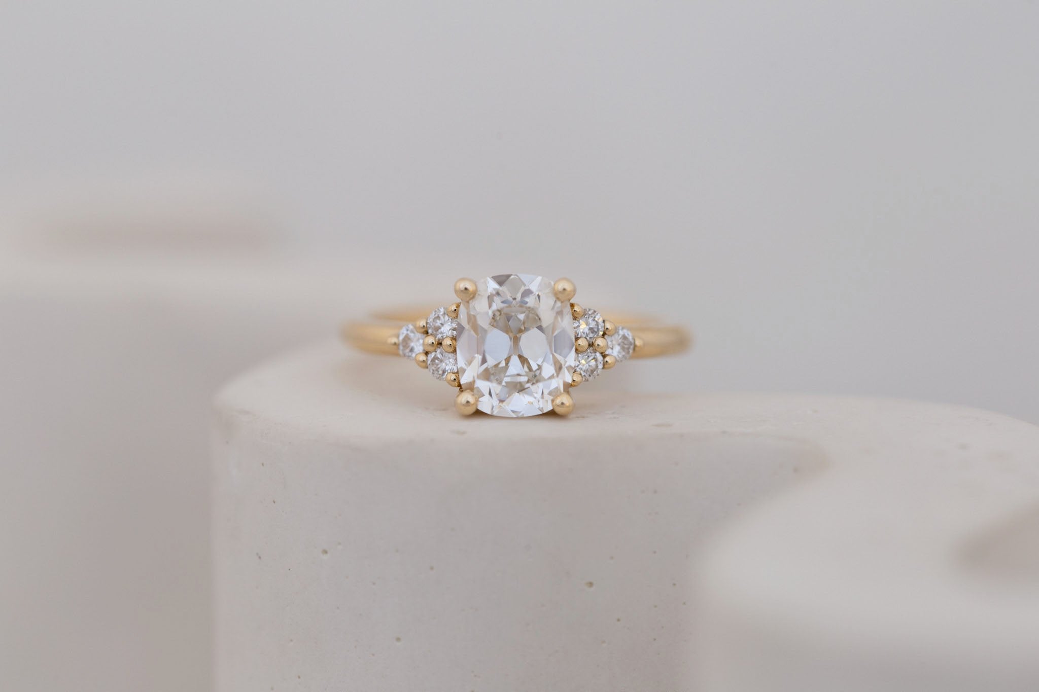 Verona Ring | Lab Antique Cushion Cut Diamond + Round Diamond Accents Engagement Ring 1.71 ct | 14k Recycled Gold | One of a Kind