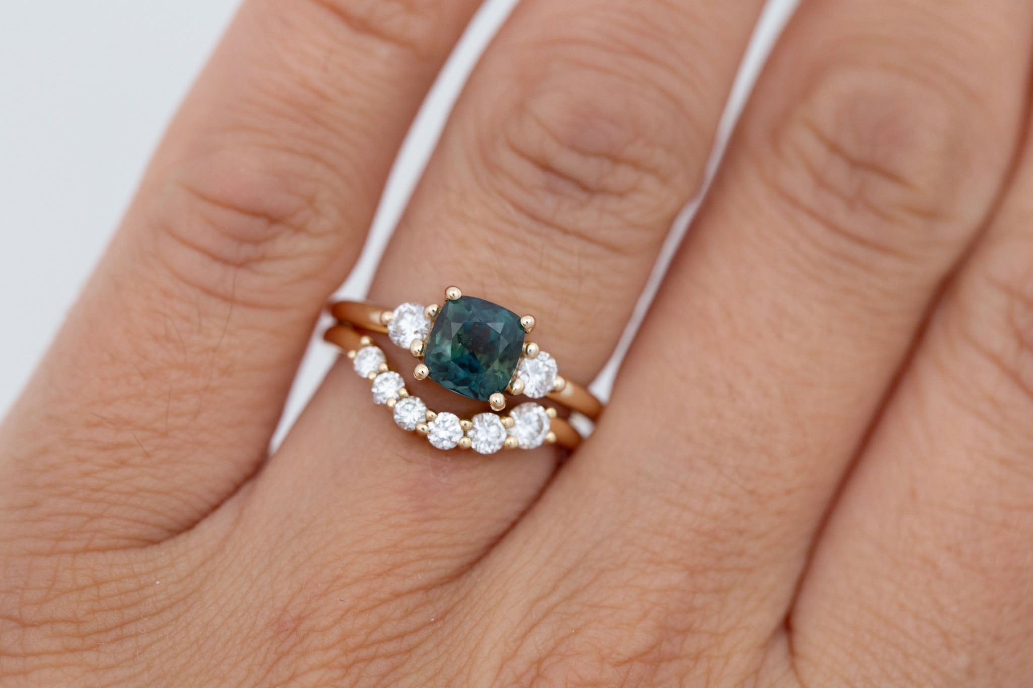 Maeve Ring | Bicolor Teal Cushion Sapphire + Round Diamond Accent Engagement Ring 1.72 ct | 14k Recycled Gold | One of a Kind