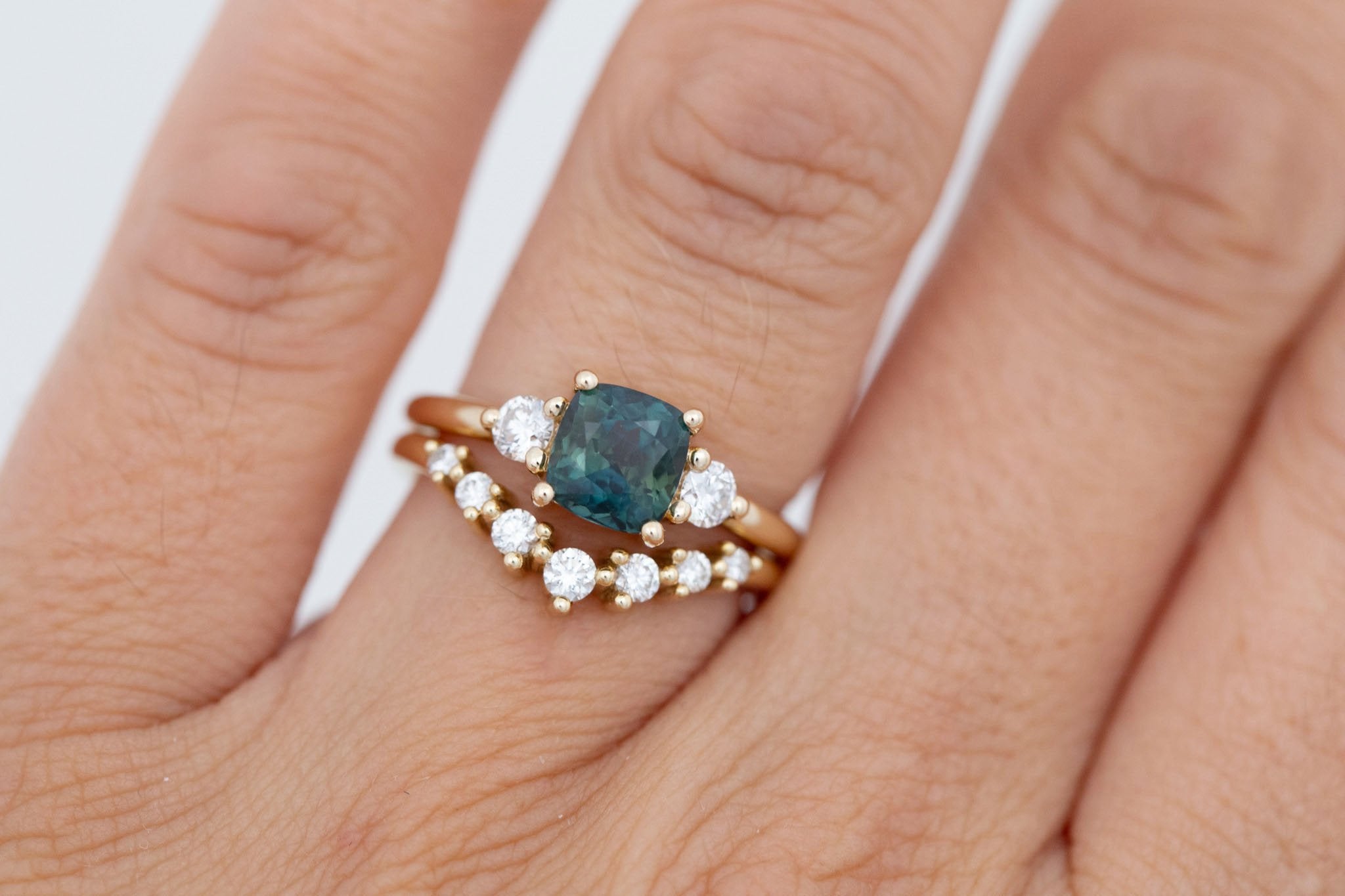 Maeve Ring | Bicolor Teal Cushion Sapphire + Round Diamond Accent Engagement Ring 1.72 ct | 14k Recycled Gold | One of a Kind