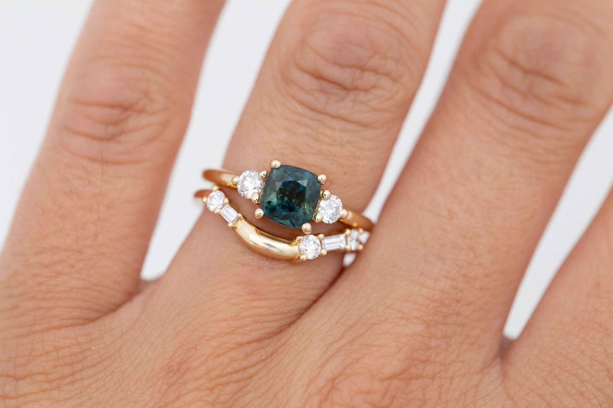 Maeve Ring | Bicolor Teal Cushion Sapphire + Round Diamond Accent Engagement Ring 1.72 ct | 14k Recycled Gold | One of a Kind