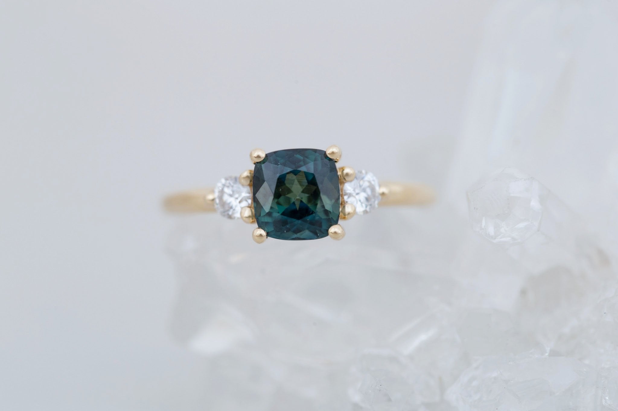 Maeve Ring | Bicolor Teal Cushion Sapphire + Round Diamond Accent Engagement Ring 1.72 ct | 14k Recycled Gold | One of a Kind