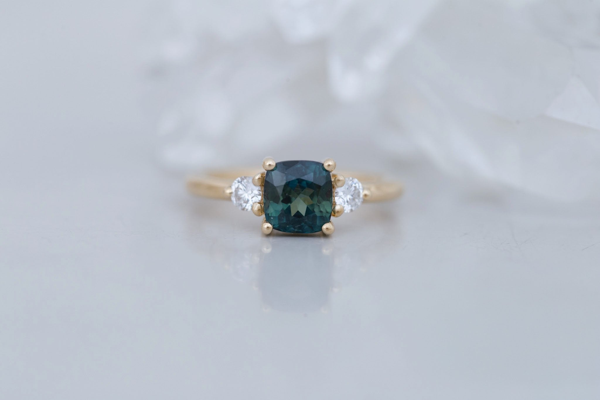 Maeve Ring | Bicolor Teal Cushion Sapphire + Round Diamond Accent Engagement Ring 1.72 ct | 14k Recycled Gold | One of a Kind