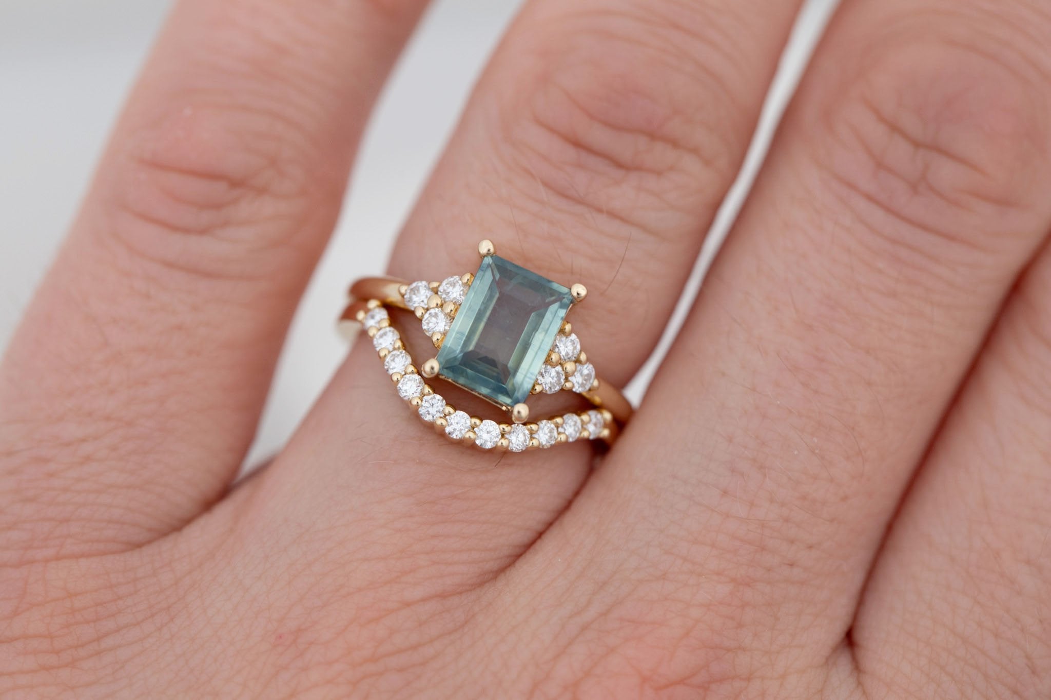 Verona Ring | Teal Baguette Cut Sapphire + Round Diamond Accents Engagement Ring 1.73 ct  | 14k Recycled Gold | One of a Kind