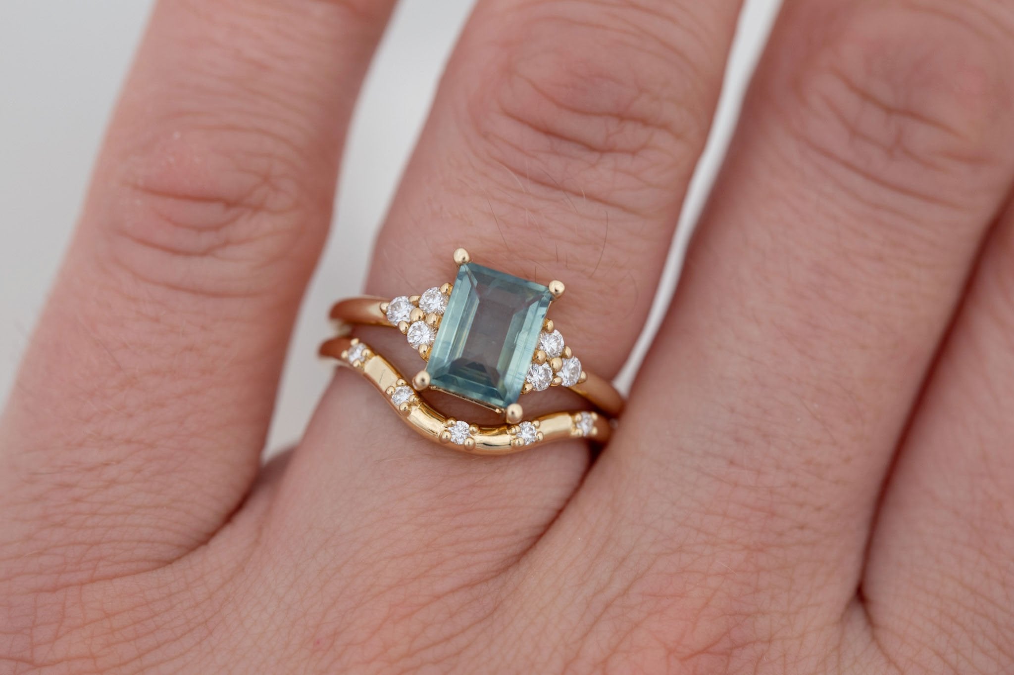 Verona Ring | Teal Baguette Cut Sapphire + Round Diamond Accents Engagement Ring 1.73 ct  | 14k Recycled Gold | One of a Kind