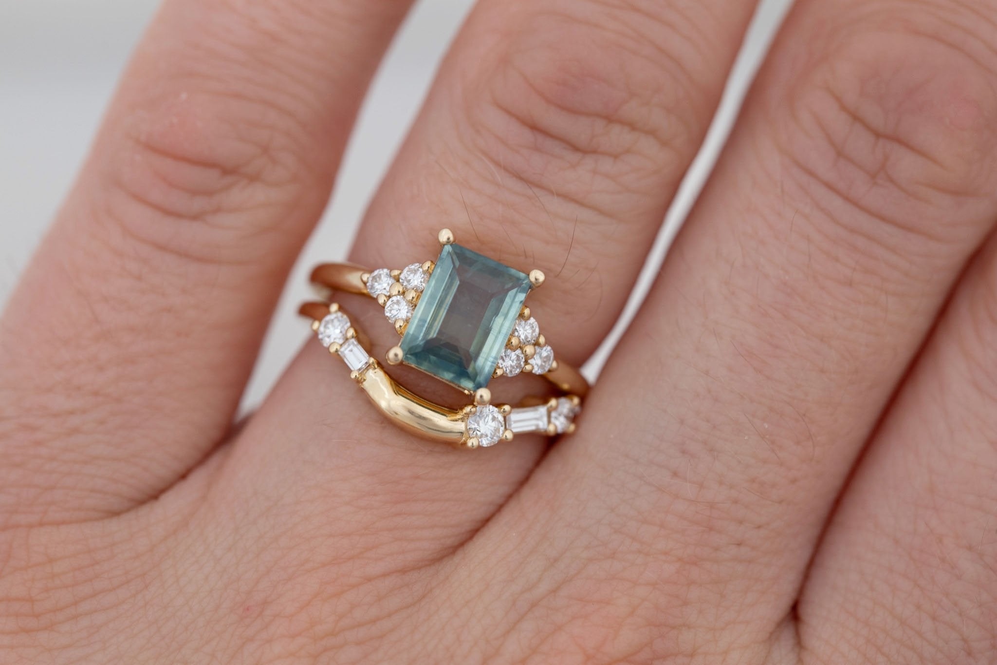 Verona Ring | Teal Baguette Cut Sapphire + Round Diamond Accents Engagement Ring 1.73 ct  | 14k Recycled Gold | One of a Kind