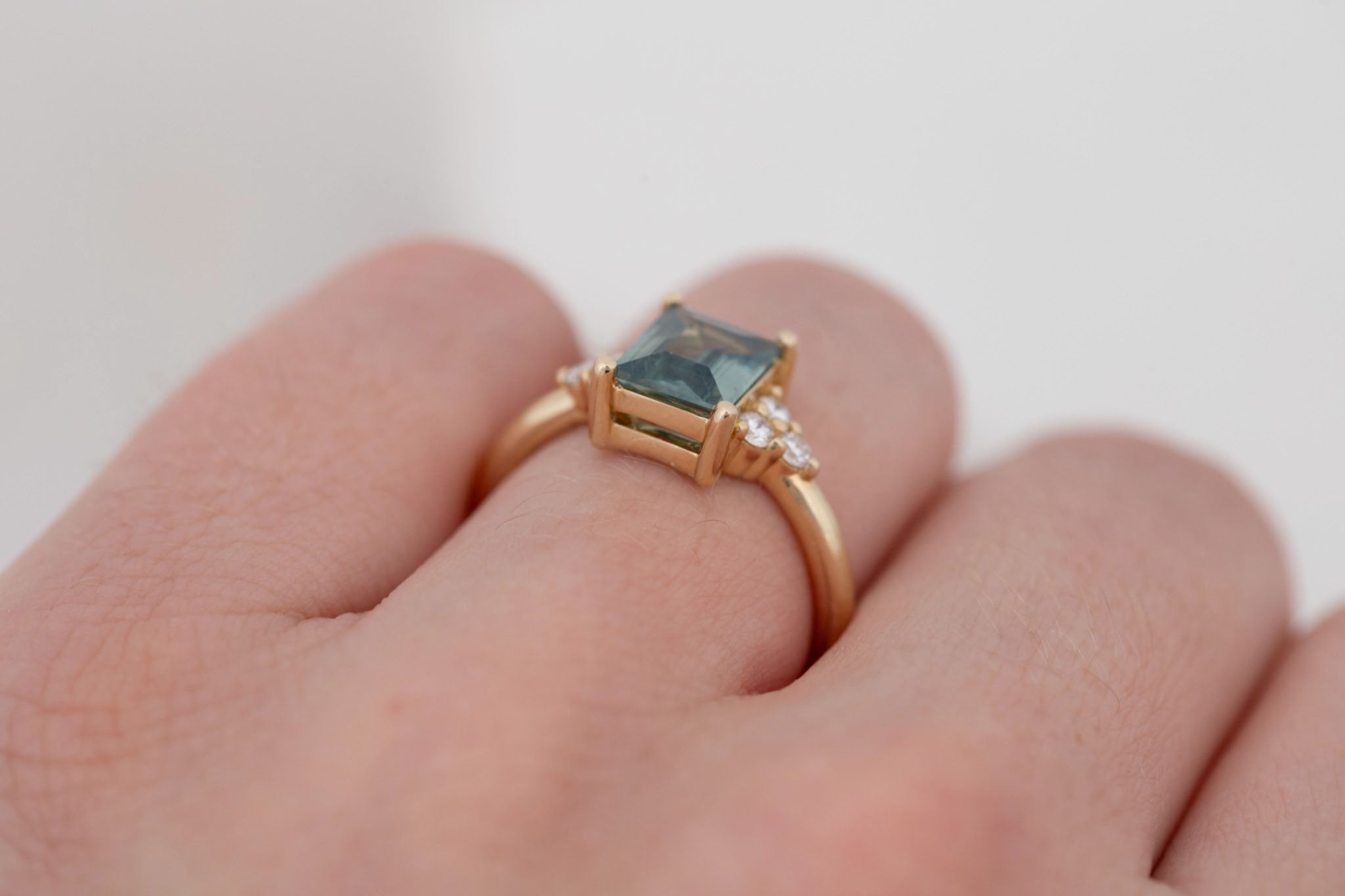 Verona Ring | Teal Baguette Cut Sapphire + Round Diamond Accents Engagement Ring 1.73 ct  | 14k Recycled Gold | One of a Kind