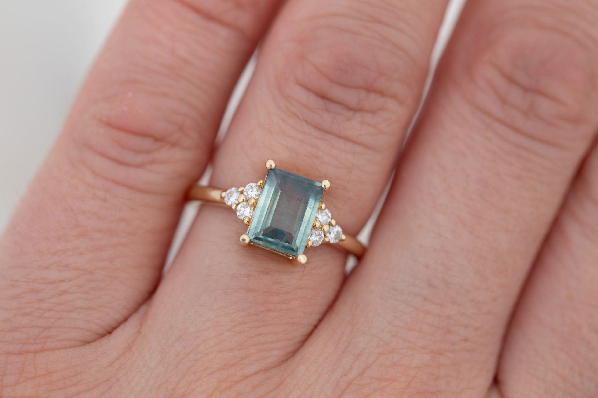 Verona Ring | Teal Baguette Cut Sapphire + Round Diamond Accents Engagement Ring 1.73 ct  | 14k Recycled Gold | One of a Kind