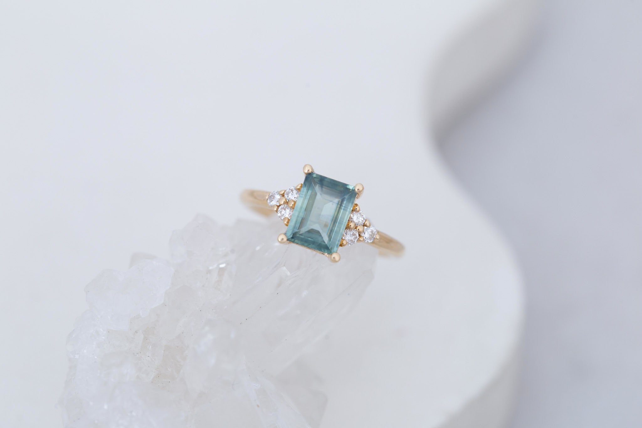Verona Ring | Teal Baguette Cut Sapphire + Round Diamond Accents Engagement Ring 1.73 ct  | 14k Recycled Gold | One of a Kind