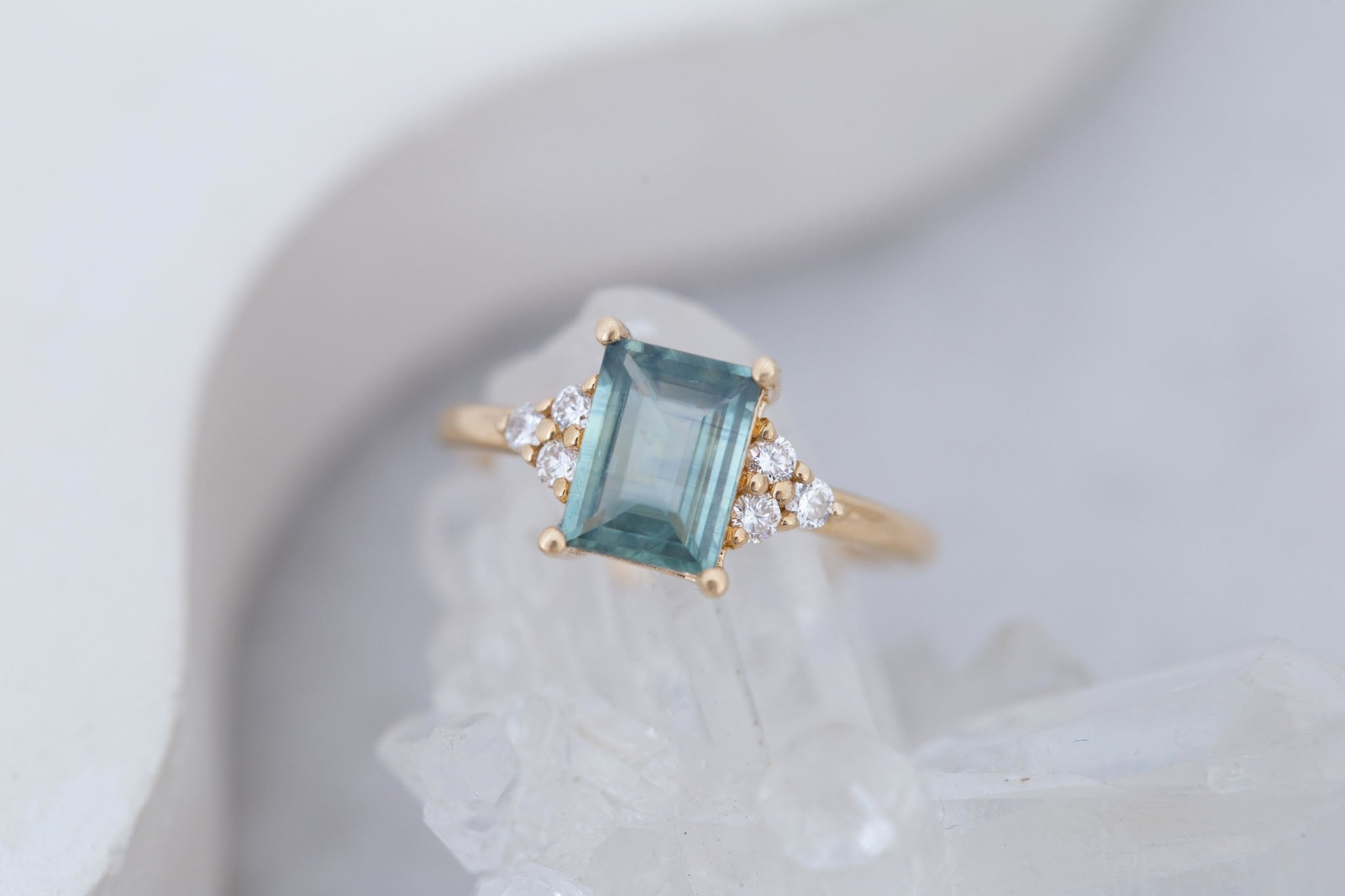 Verona Ring | Teal Baguette Cut Sapphire + Round Diamond Accents Engagement Ring 1.73 ct  | 14k Recycled Gold | One of a Kind