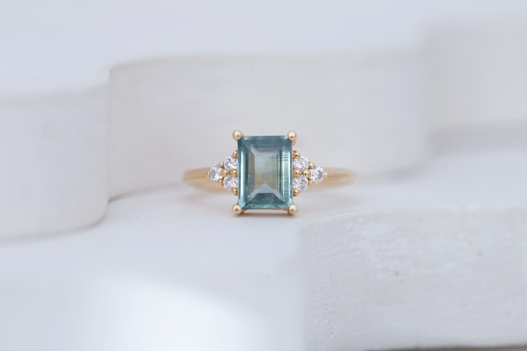Verona Ring | Teal Baguette Cut Sapphire + Round Diamond Accents Engagement Ring 1.73 ct | 14k Recycled Gold | One of a Kind